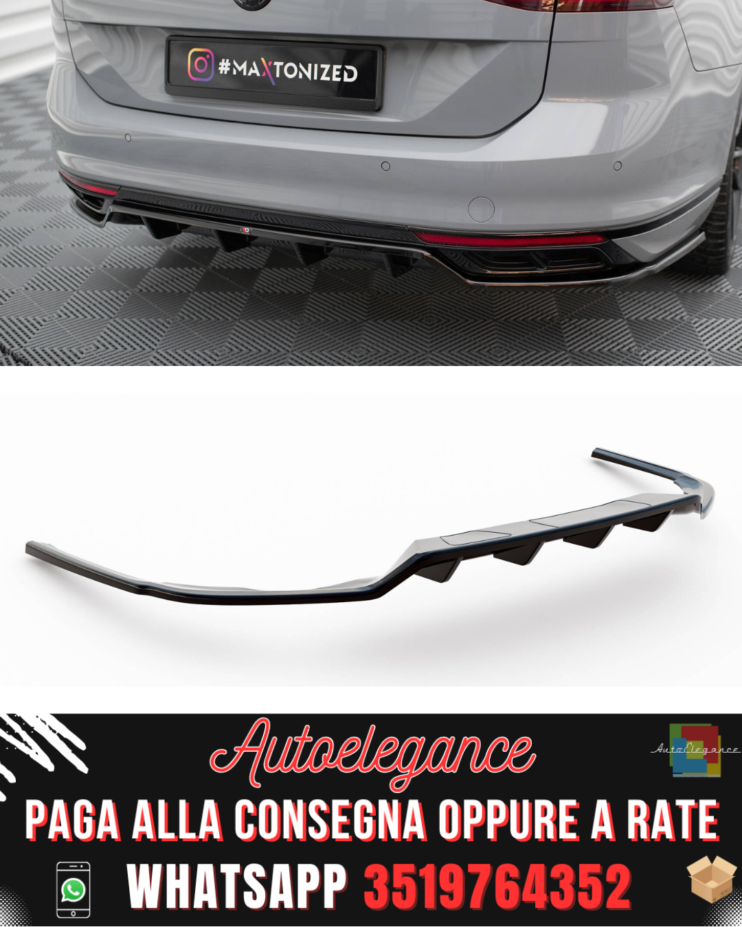 SPLITTER POSTERIORE CENTRALE (CON BARRE VERTICALI) adatto per VOLKSWAGEN PASSAT R-LINE B8 FACELIFT