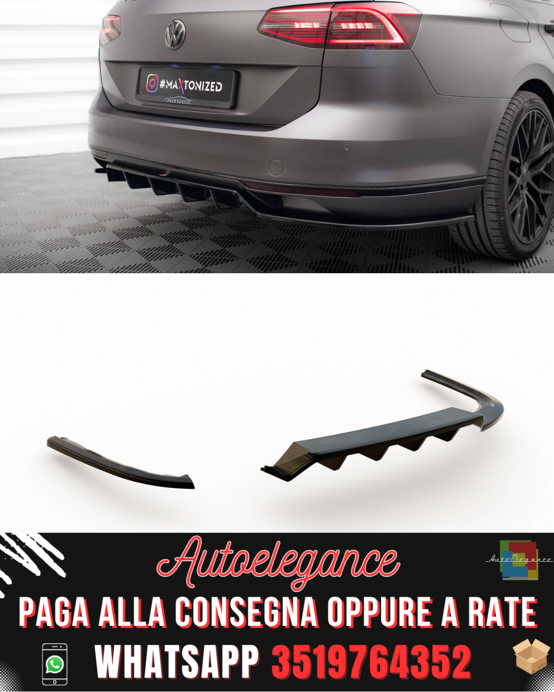 SPLITTER POSTERIORE CENTRALE (CON BARRE VERTICALI) adatto per VOLKSWAGEN PASSAT R-LINE B8 2014-2019