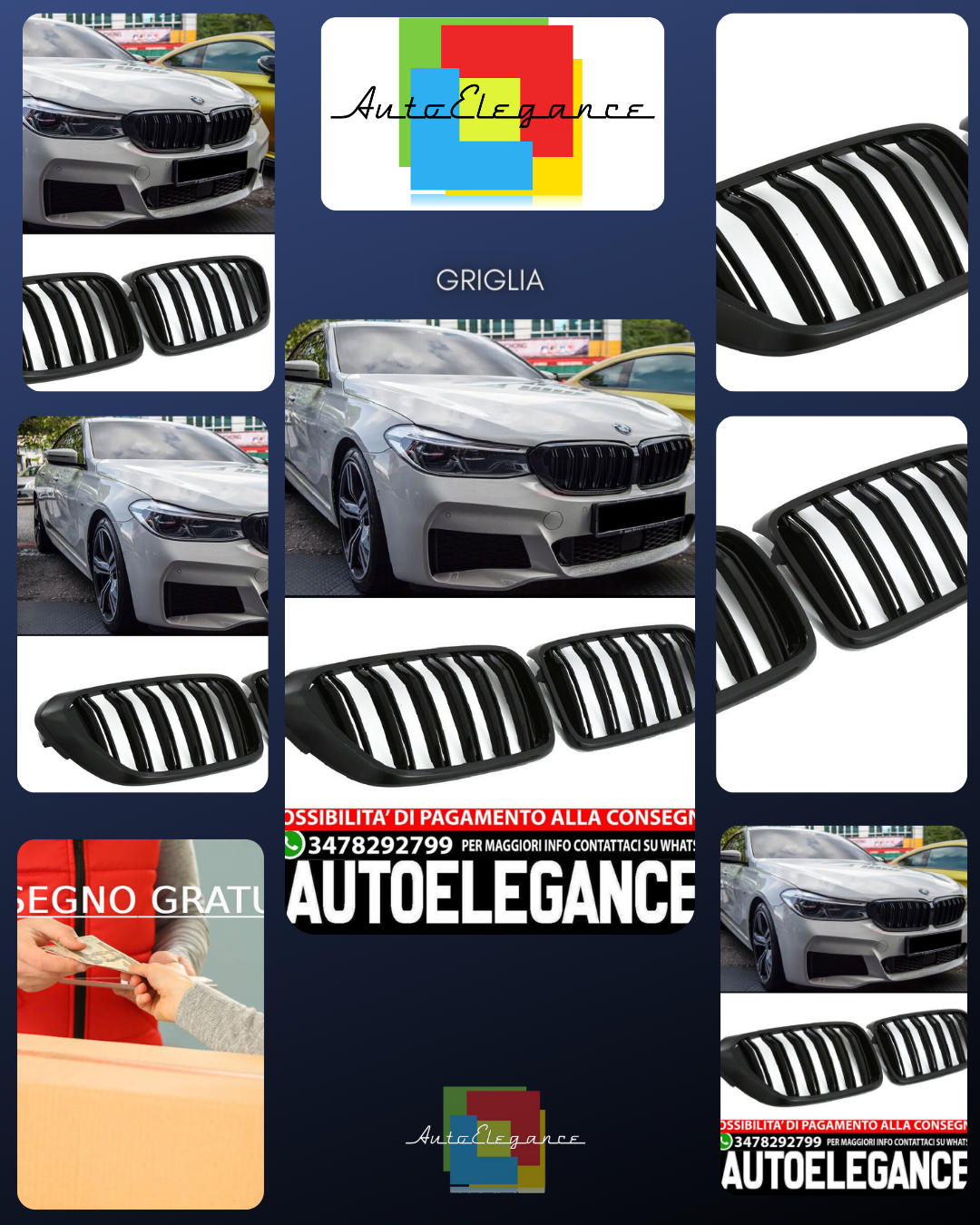 ADATTO A BMW SERIE 6 G32 GRAN TURISMO SPORT GRILL DOPPIA STAFFA NERO LUCIDO