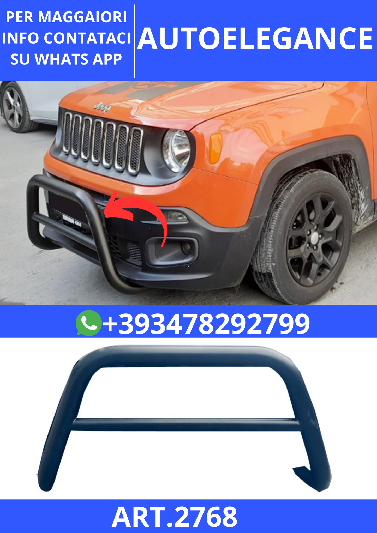💫ART.2768 Bullbar Anteriore Protezione Jeep Renegade 2014+ Nero💫