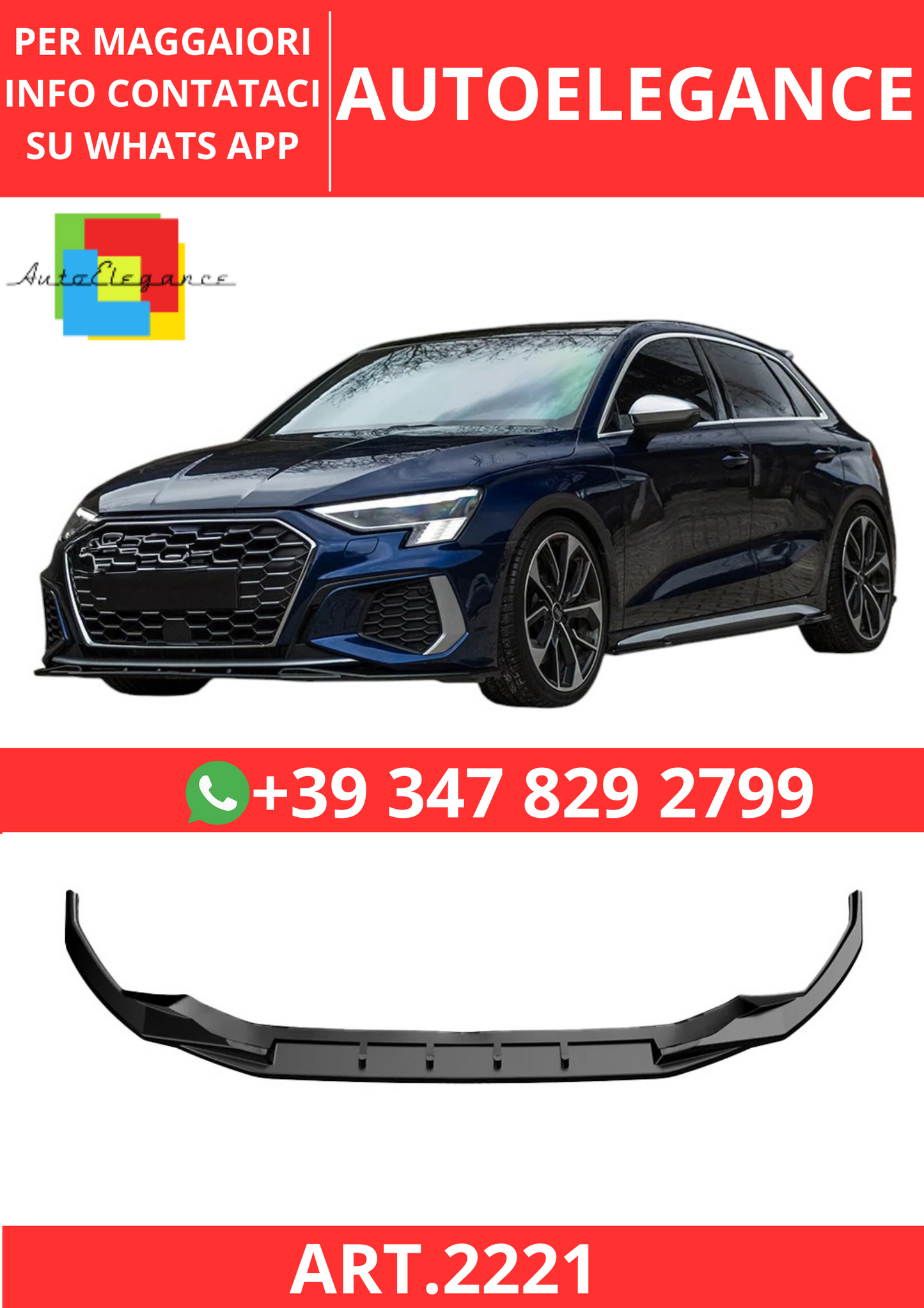 💫ART.2221 SPLITTER A3 8Y 2020-2024 SLINE S3 ( Sedan / Sportback ) NERO LUCIDO💫