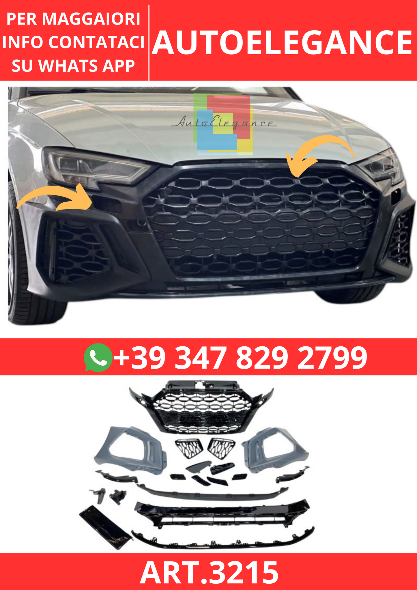 💫ART.3215 Paraurti Anteriore Audi A3 3 Porte/Sportback 2017-2019 Look RS3 21💫