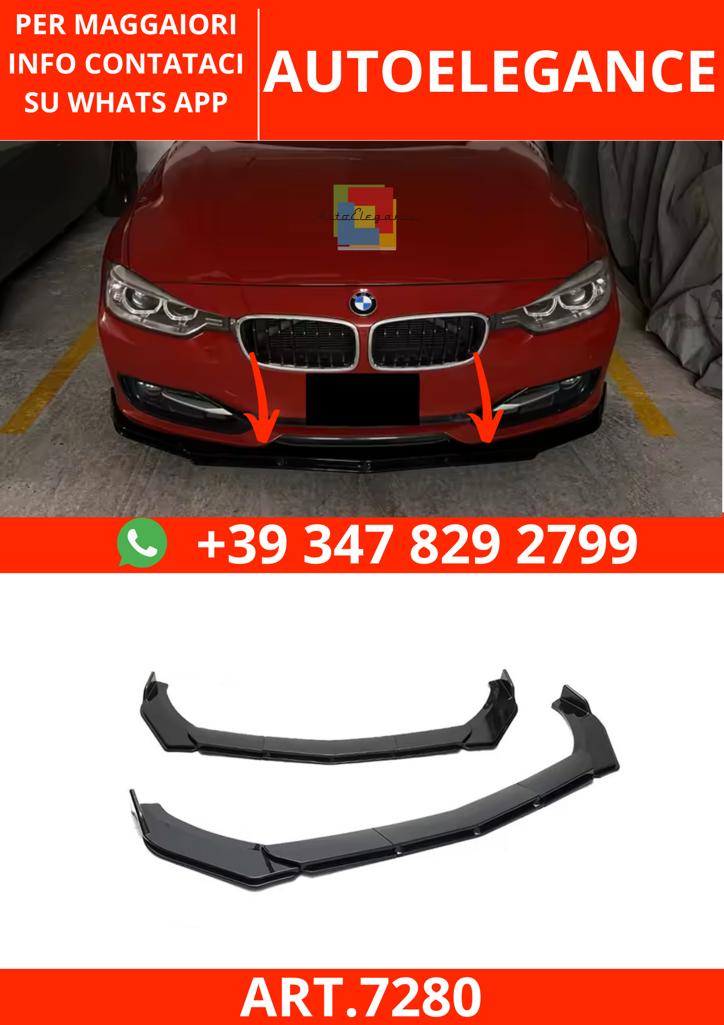 💫ART.7280 5 pezzi Splitter Anteriore in ABS per BMW Serie 3 F30 2012-2019💫