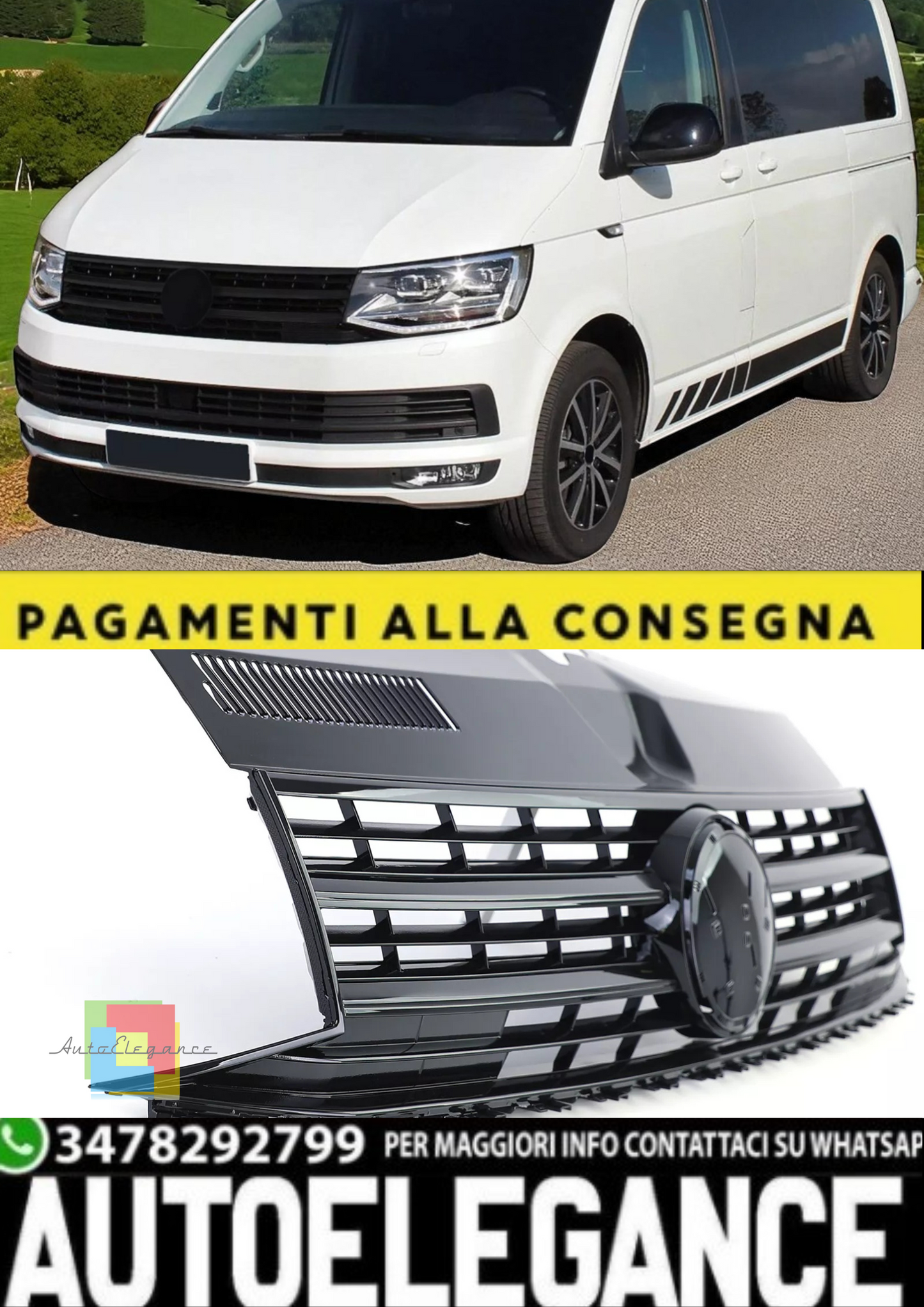 💫 Griglia Anteriore Nero Lucido con Alloggiamento – Adatta per VW T6 Bus 💫