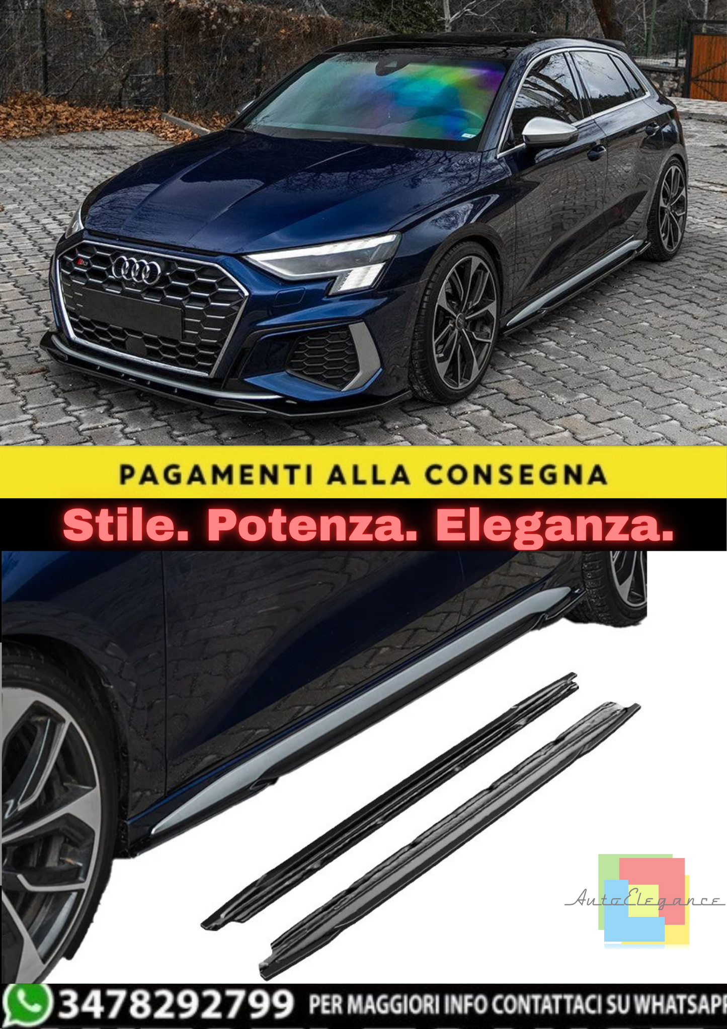 🔥 SOTTO MINIGONNE PER AUDI A3 8Y 2020-2024 (Sedan/Sportback) NERO LUCIDO 🔥