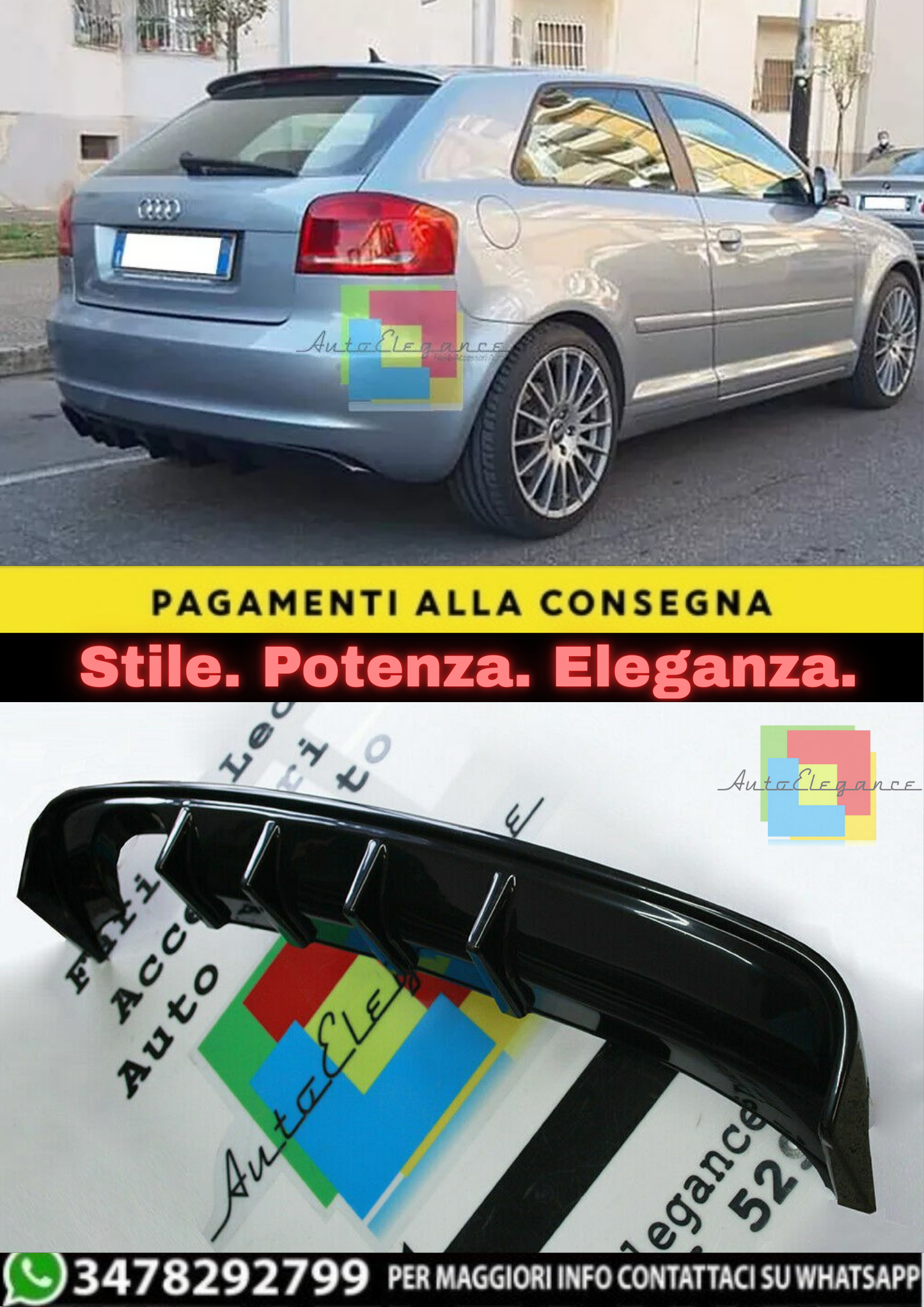 🔥DIFFUSORE PER AUDI A3 S3 8P 08-12 SOTTO PARAURTI RS3 NERO LUCIDO ABS🔥