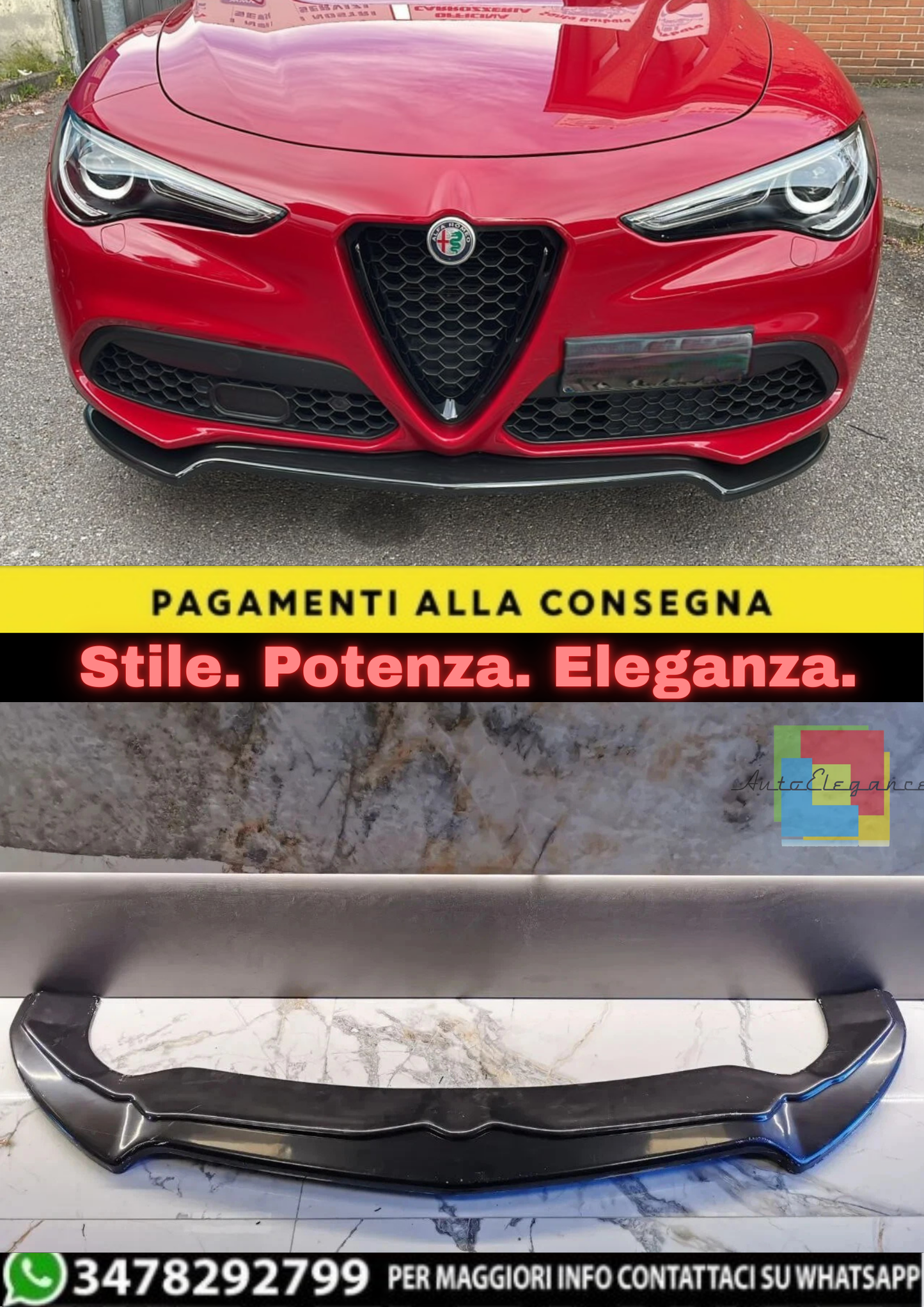 ⭐ALFA ROMEO STELVIO SPLITTER PARAURTI ANTERIORE NERO LUCIDO LOOK RS⭐