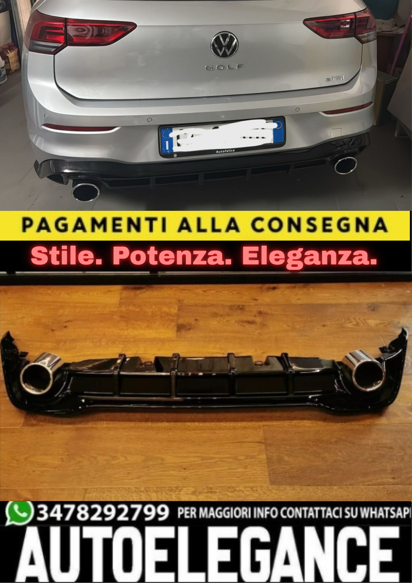 🔥DIFFUSORE POSTERIORE VW GOLF 8 19+ SOTTO PARAURTI TERMINALI GTI ABS 1+1🔥