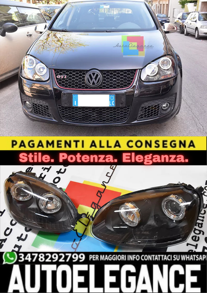 🔥FARI ANTERIORI ADATTI A VW GOLF 5 V 03-08  NERI ANGEL EYES BIANCHI A LED🔥
