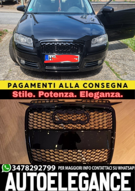 ⭐GRIGLIA ANTERIORE PER AUDI A3 8P 2005-2008 LOOK RS3 NERO LUCIDO TUNING⭐