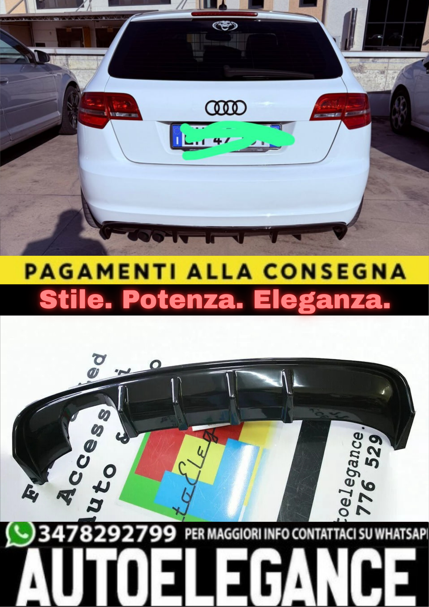 ⭐DIFFUSORE AUDI A3 S3 8P 08-12 SOTTO PARAURTI RS3 NERO LUCIDO ABS⭐