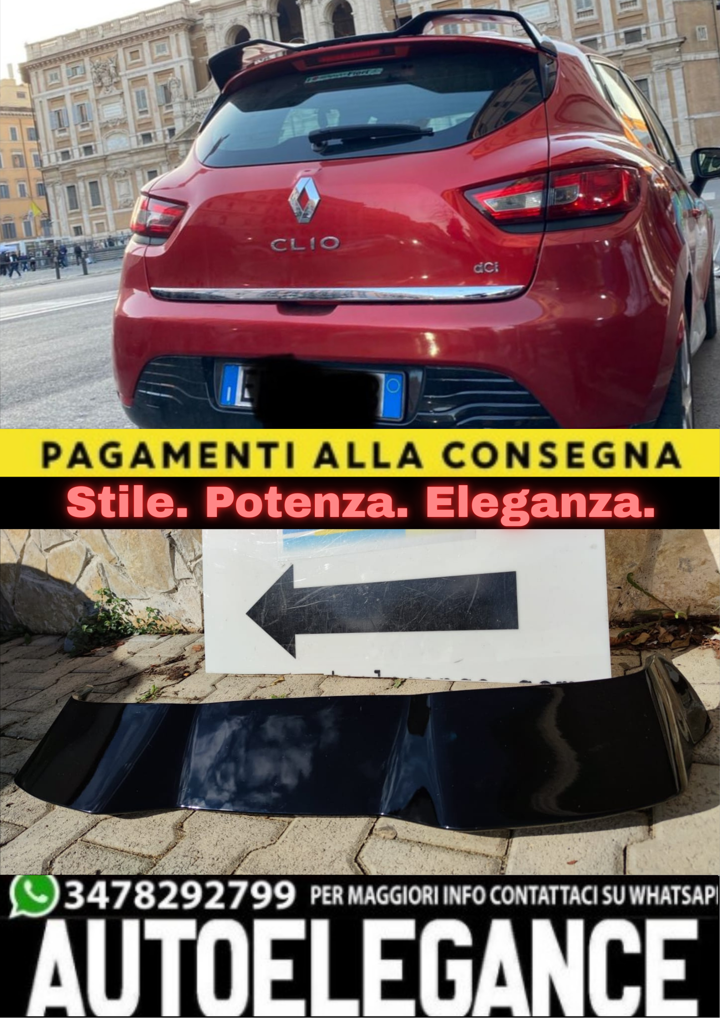 ⭐ALETTONE PER RENAULT CLIO 4 IV STANDARD 2012-2018 SPOILER TETTO NERO LUCIDO⭐
