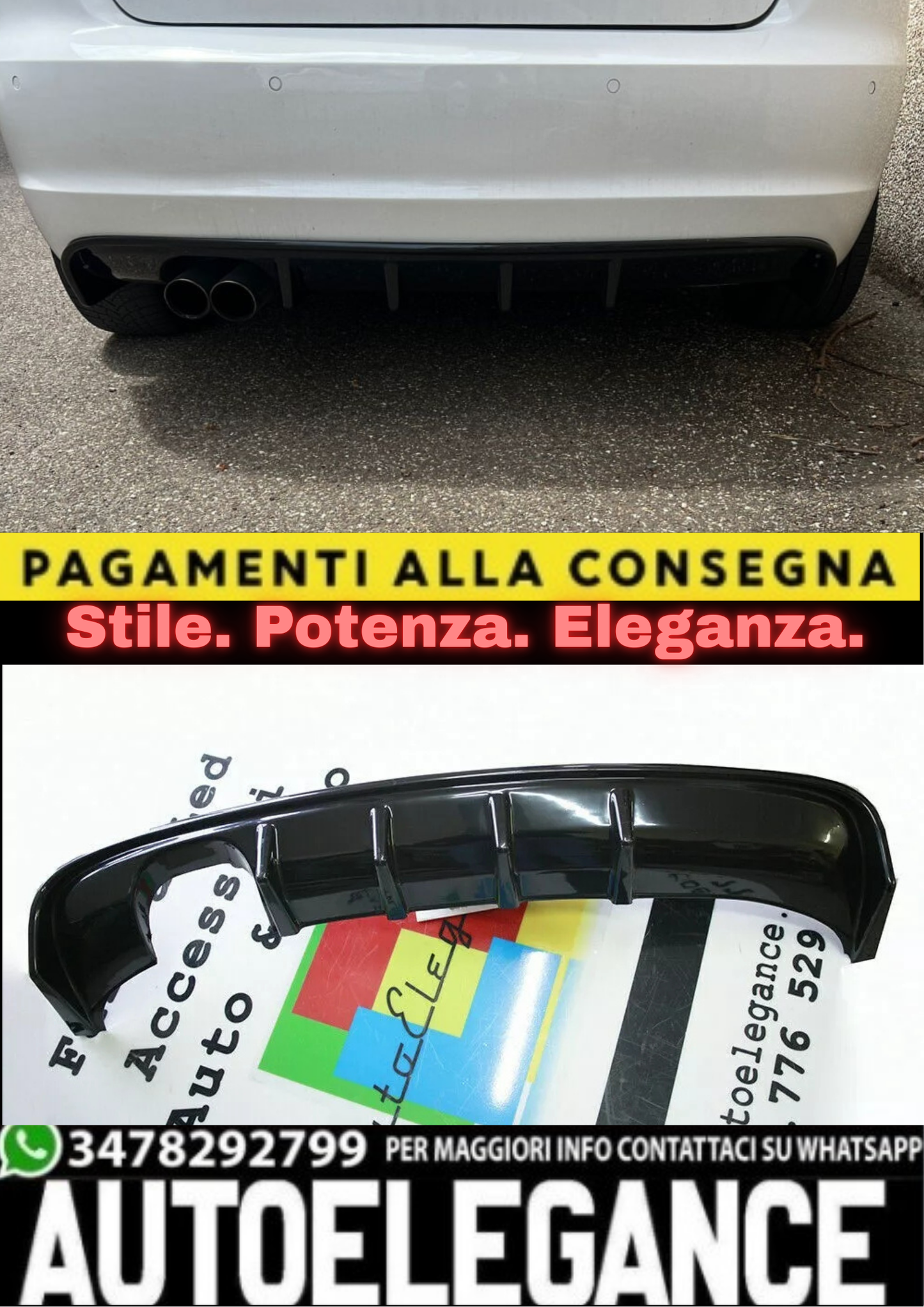 ⭐DIFFUSORE PER AUDI A3 S3 8P 08-12 SOTTO PARAURTI RS3 NERO LUCIDO ABS⭐