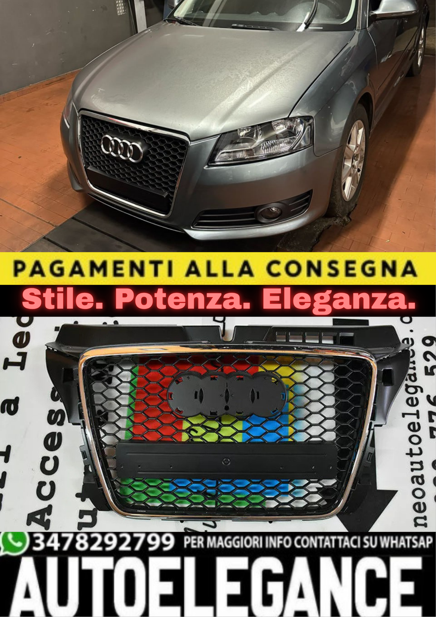 💎0926 GRIGLIA ANTERIORE NERO/CROMATO ADATTO PER AUDI A3 8P 2008-2012💎
