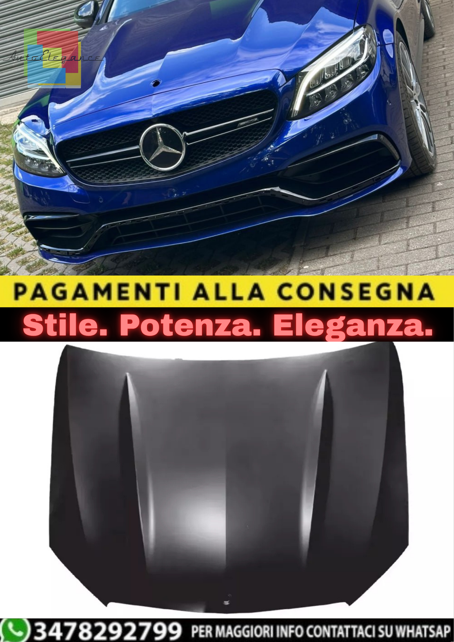 🔥COFANO ALLUMINIO LOOK C63 AMG PER MERCEDES CLASSE C W205 (2013–2021)🔥