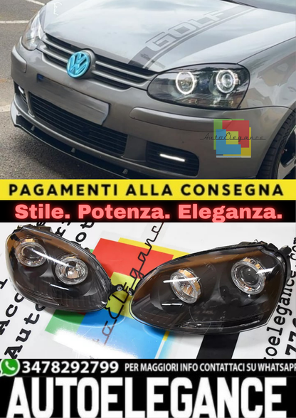 0377🔥FARI ANTERIORI ADATTI A VW GOLF 5 V 03-08 NERI ANGEL EYES BIANCHI A LED🔥
