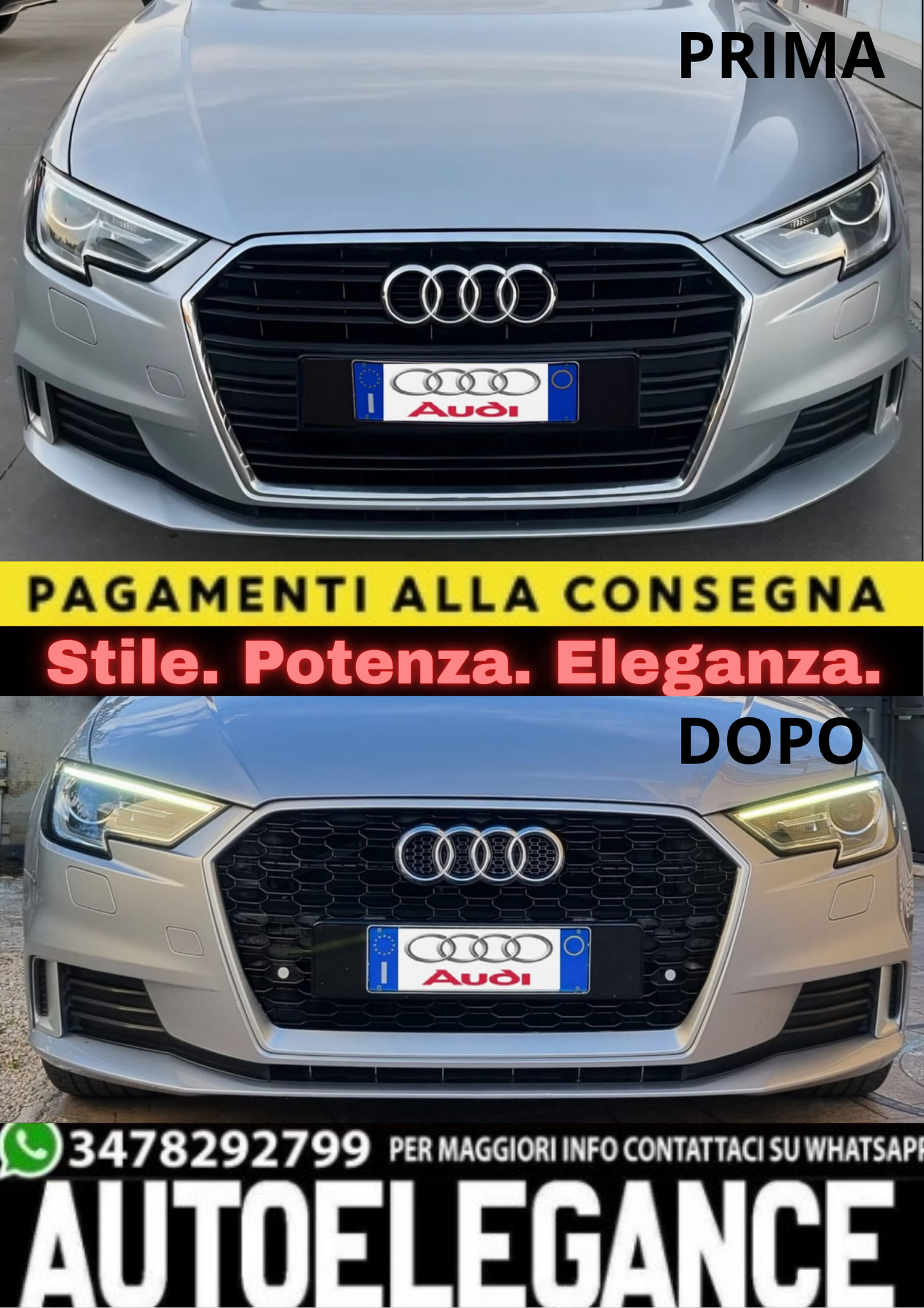 0594 ⭐GRIGLIA ADATTO PER AUDI A3 8V 2017-2020 LOOK RS3 BORDO SATINATO⭐
