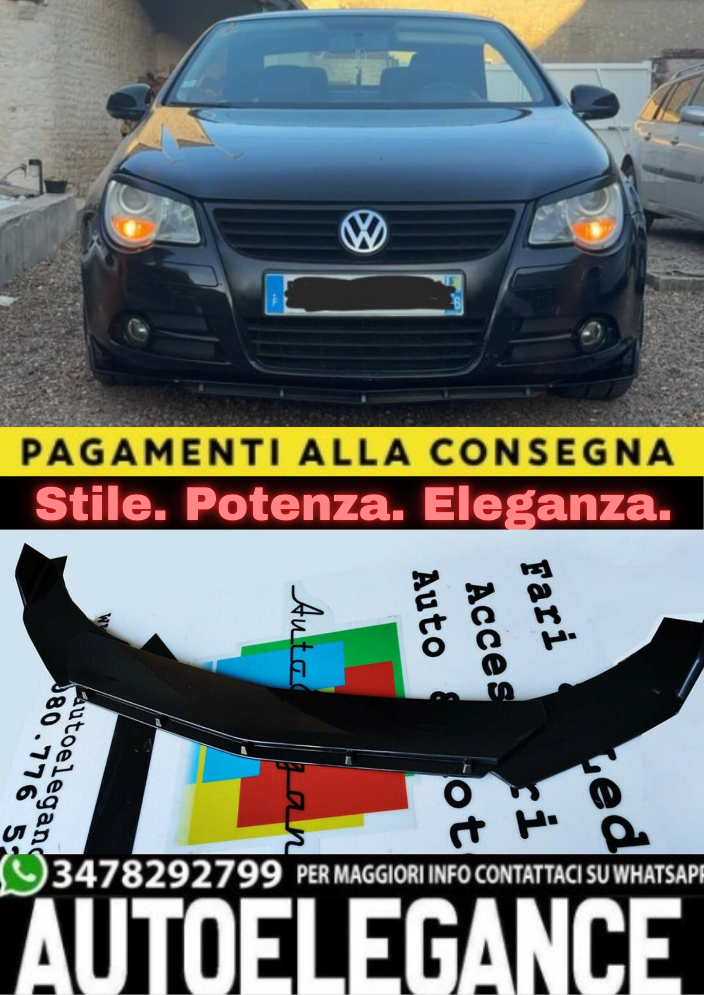 0037🔥SPLITTER ANTERIORE NERO LUCIDO PER VW EOS – LOOK SPORTIVO & AGGRESSIVO🔥