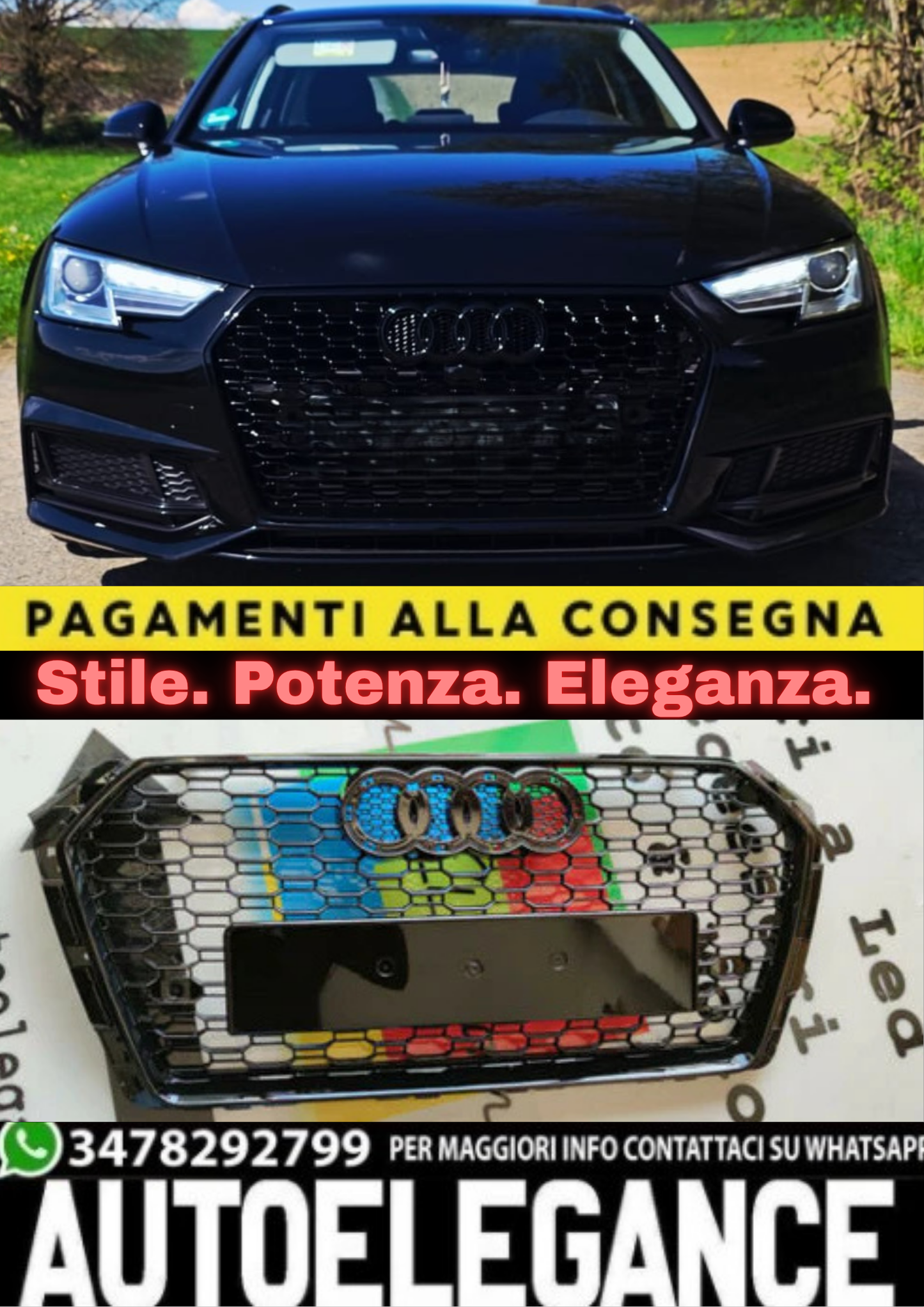 0197🔥CALANDRA RS4 PER AUDI A4 B9 (2015–2019)–GRIGLIA ANTERIORE CON BORDO NERO🔥