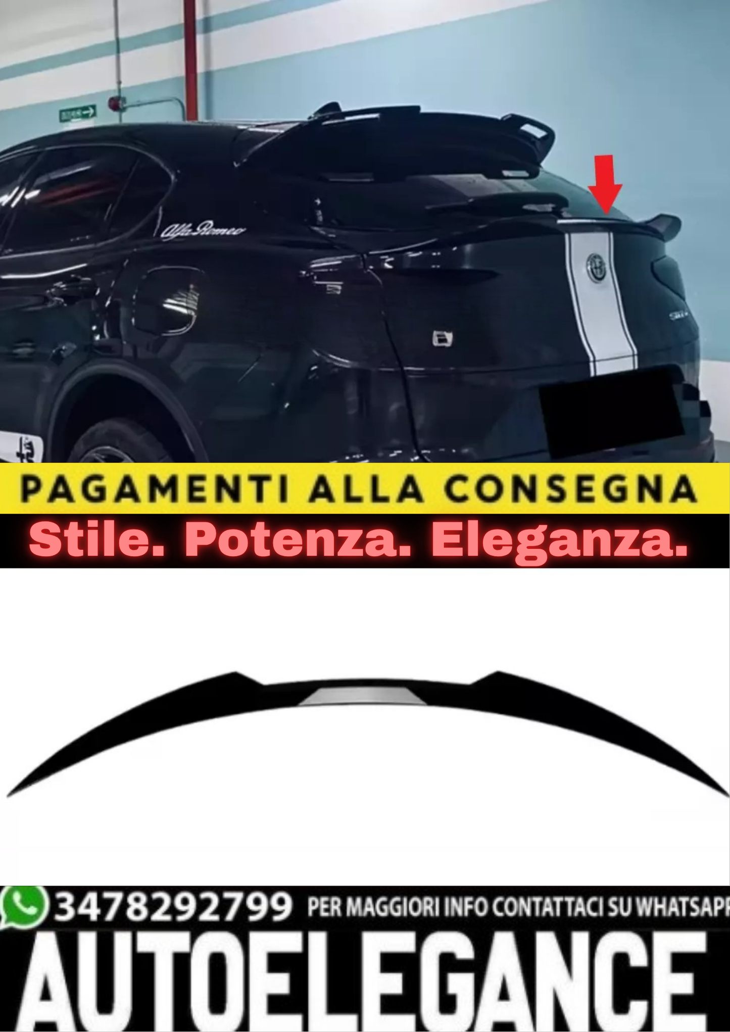 ✨SPOILER POSTERIORE PER ALFA ROMEO STELVIO 2016+ ALA AGGIUNTIVA NERO LUCIDO✨