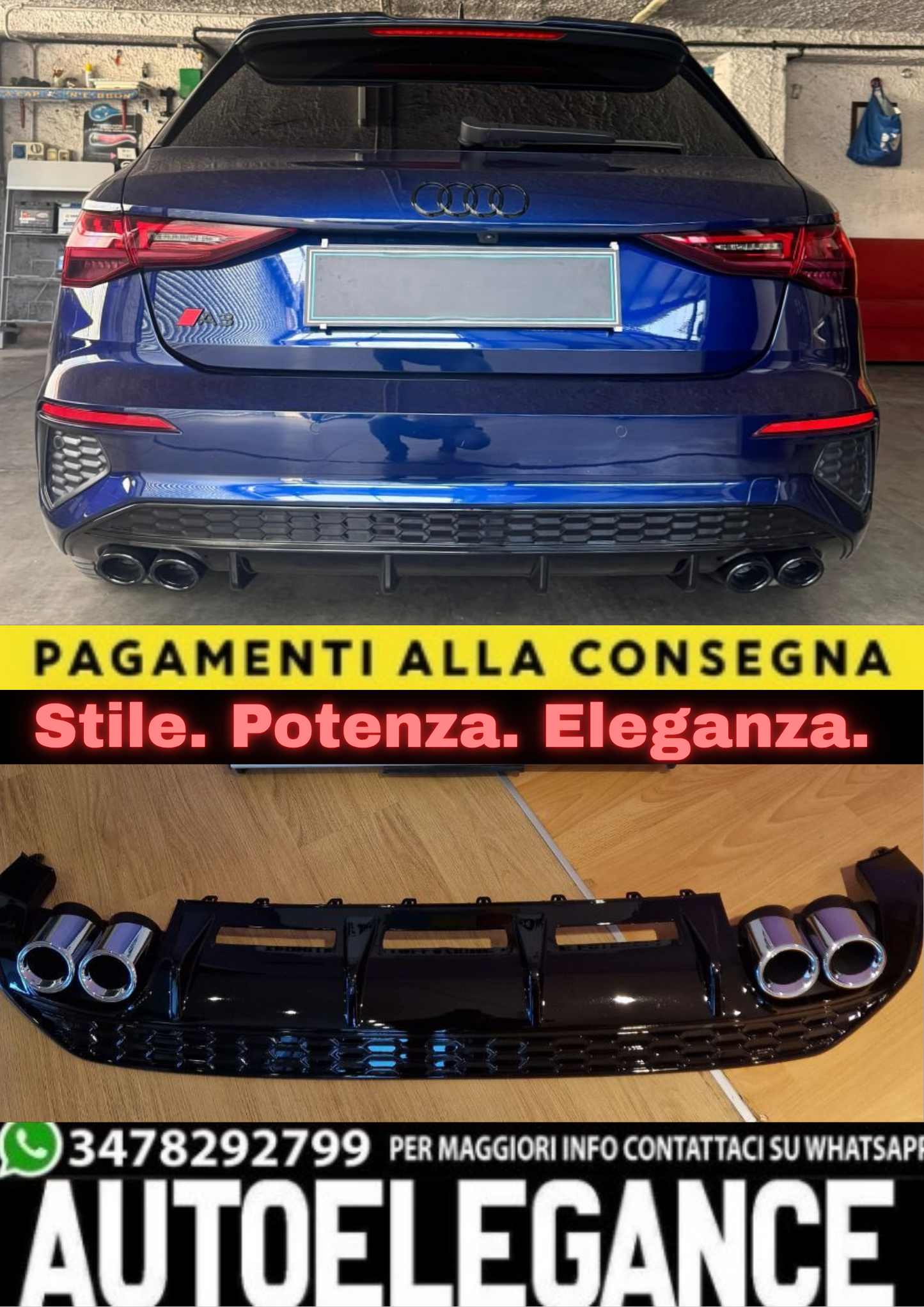 1085💎DIFFUSORE PER AUDI A3 8Y 2020+ SPORTBACK LOOK S3 PER PARAURTI SLINE💎