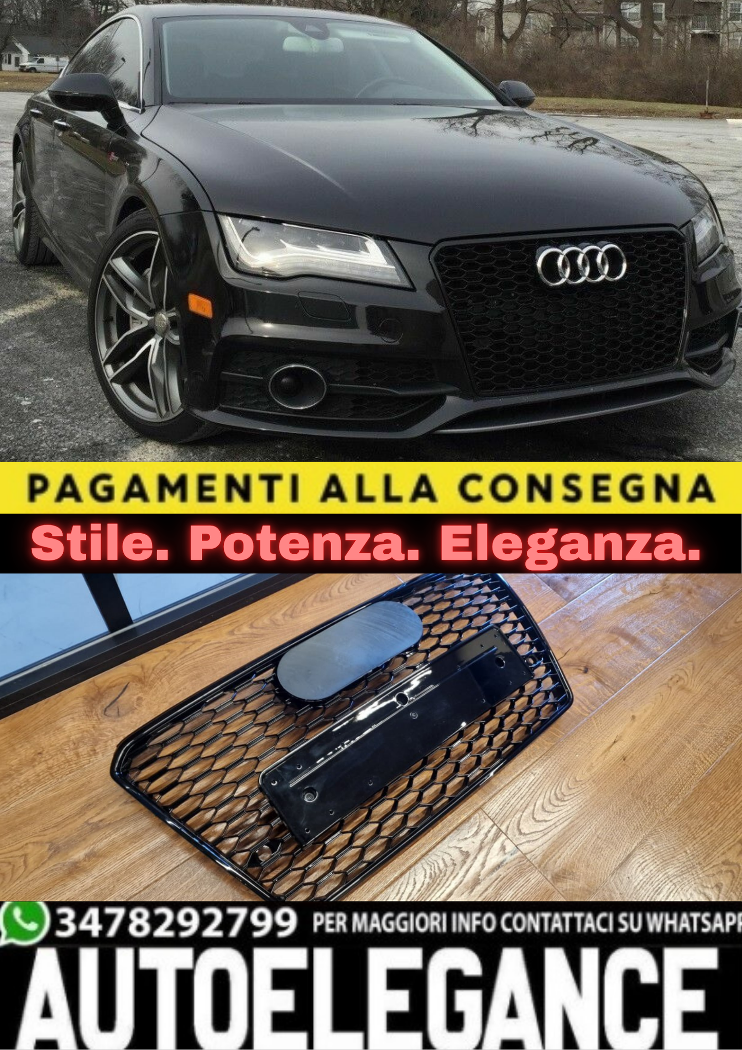 0317🔥GRIGLIA ANTERIORE LOOK RS7 PER AUDI A7 C7 4G (2010–2014) – NERO LUCIDO 🔥