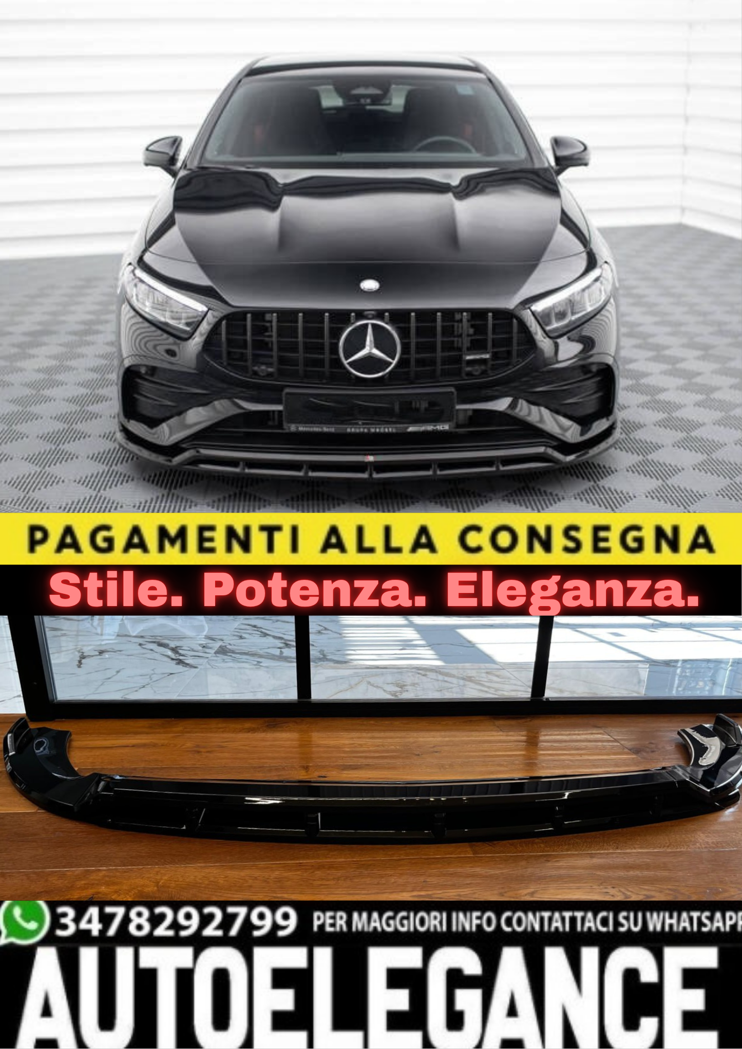 2107💥SPLITTER PER MERCEDES CLASSE A W177 2024+ NERO LUCIDO (4 PEZZI)💥