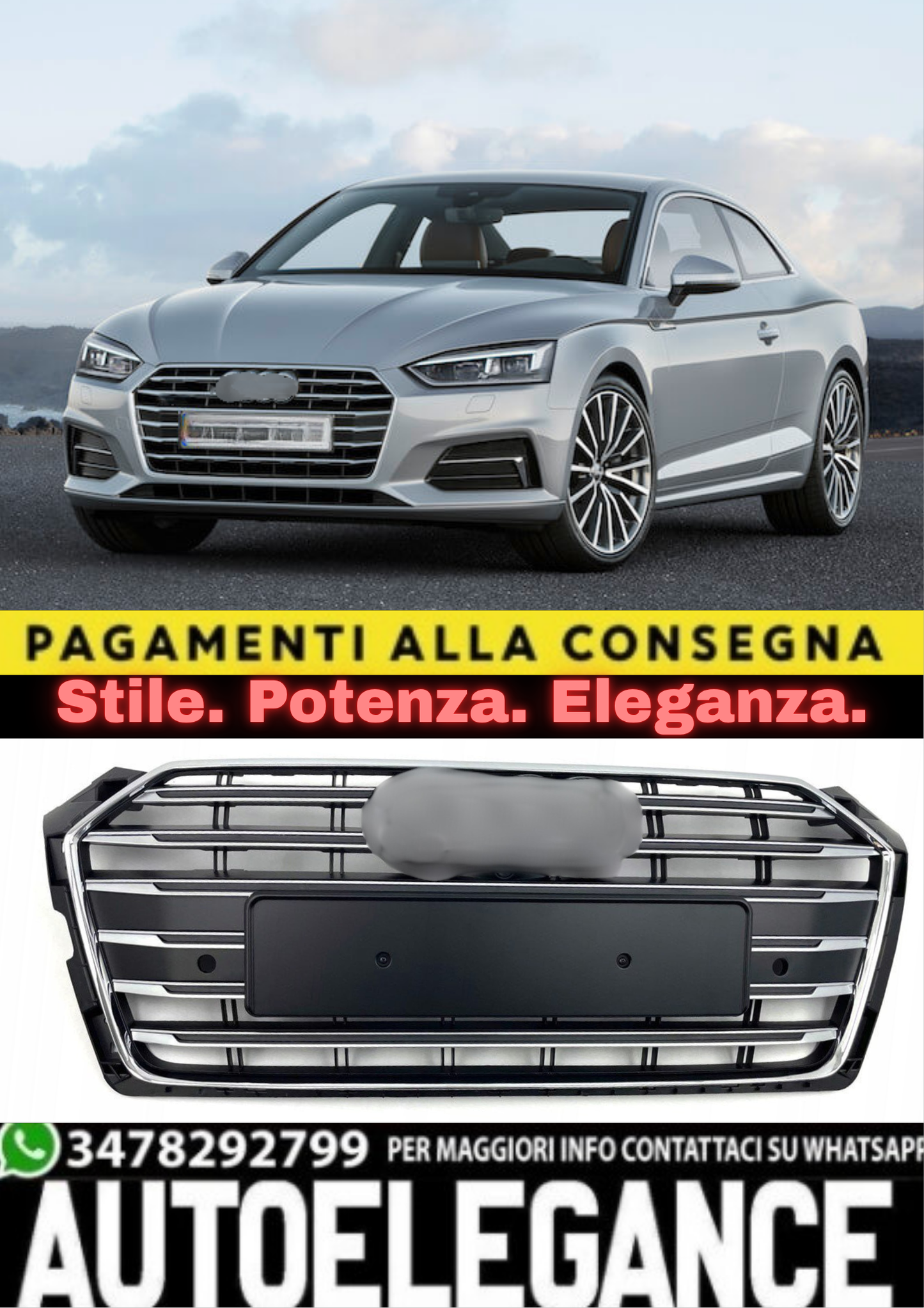 ⭐1944 GRIGLIA PER AUDI S5 A5 F5 2015-2019 LOOK S5 NERA PROFILI CROMATI⭐