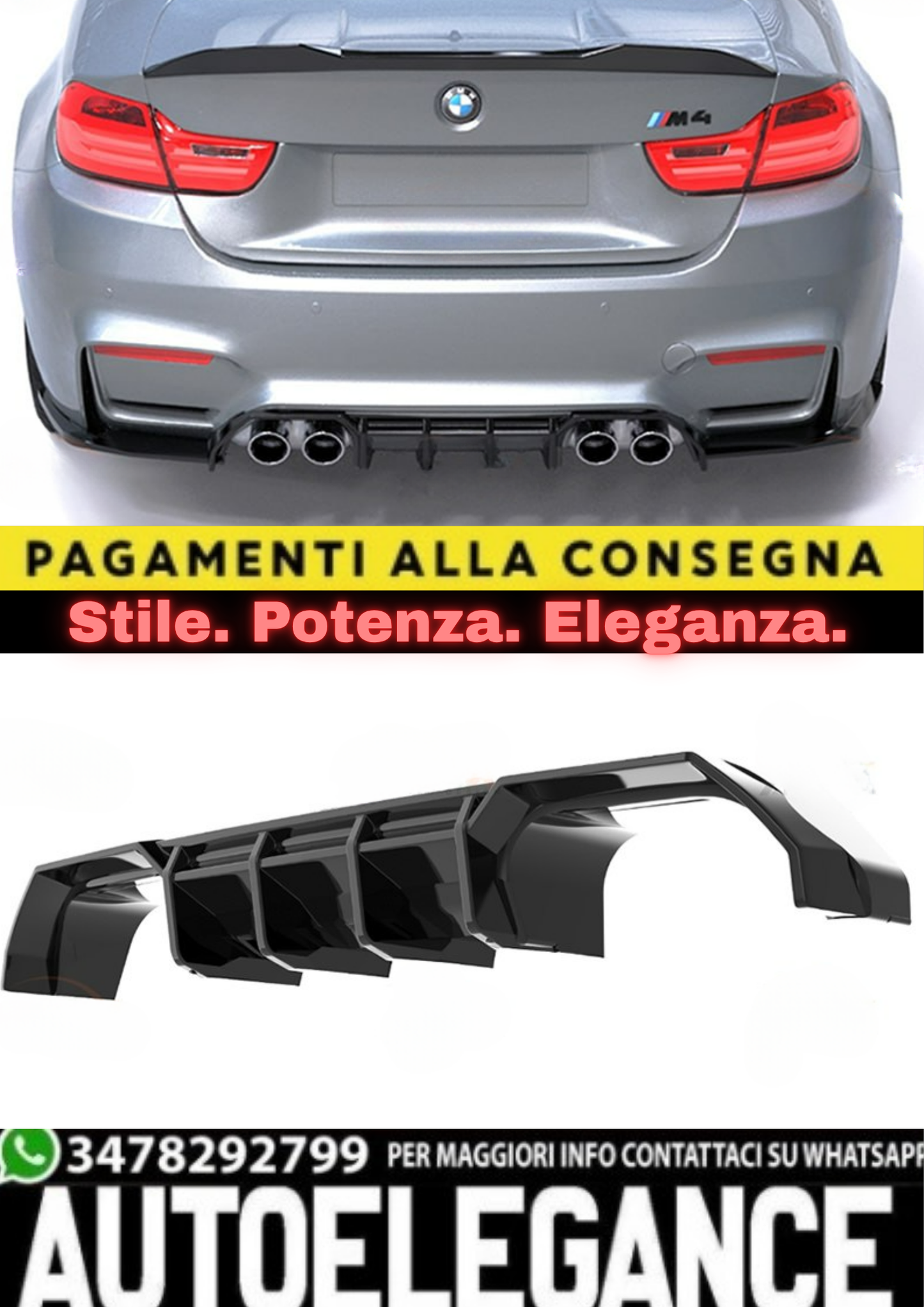 🔥DIFFUSORE POSTERIORE PER BMW M4 F82 (2014+) – A PLUS STYLE – NERO LUCIDO 🔥