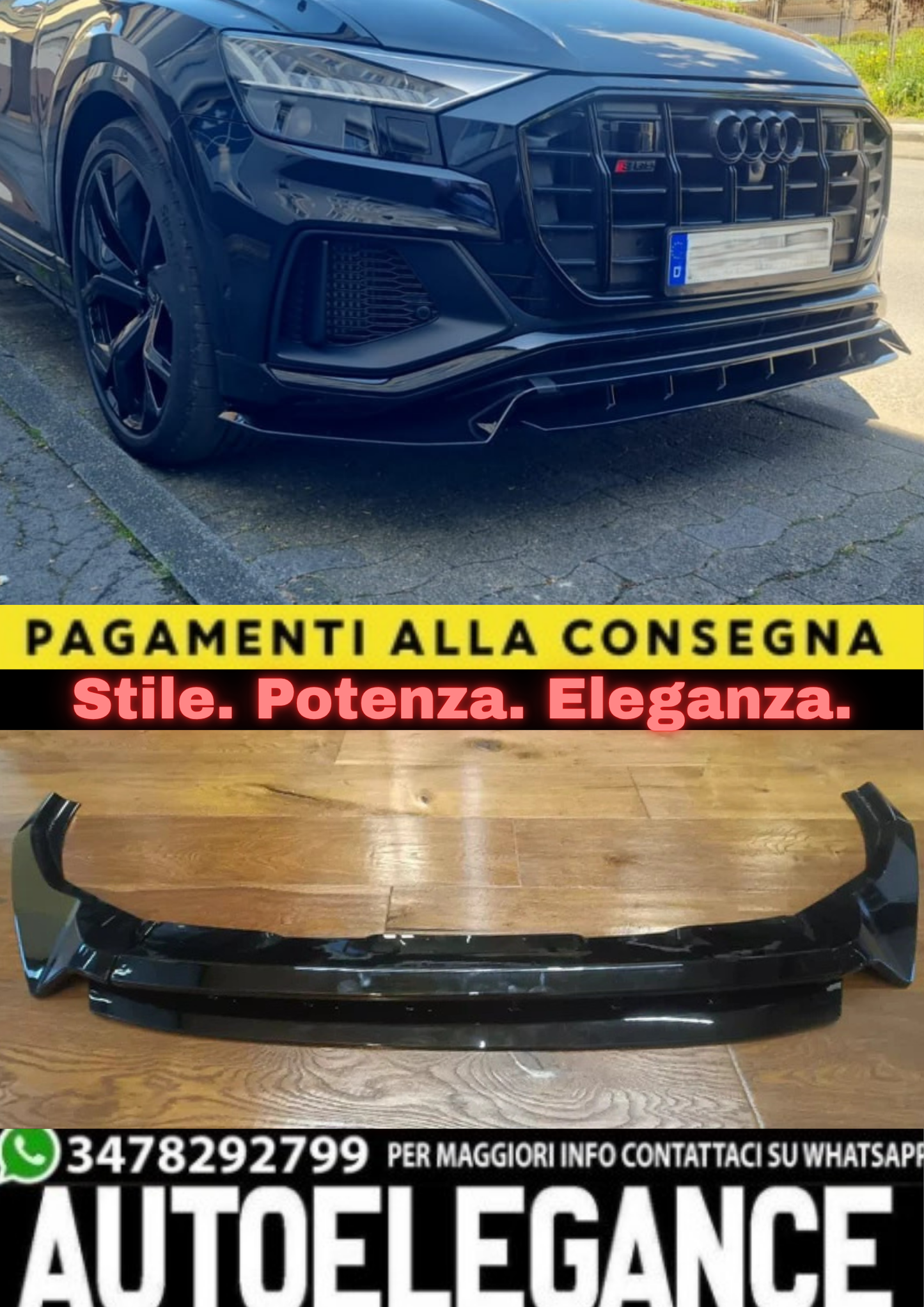 1837✨SPLITTER ANTERIORE NERO LUCIDO PER AUDI Q8 (18–24)S-LINE/SQ8 – LOOK SPORT✨
