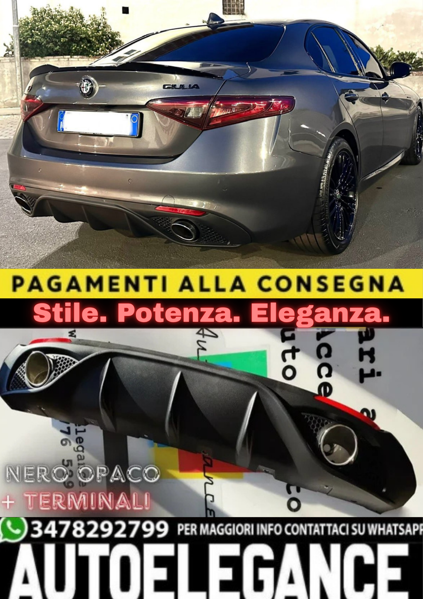 0222🔥DIFFUSORE POSTERIORE + TERMINALI CROMATI PER ALFA ROMEO GIULIA (14–18)🔥