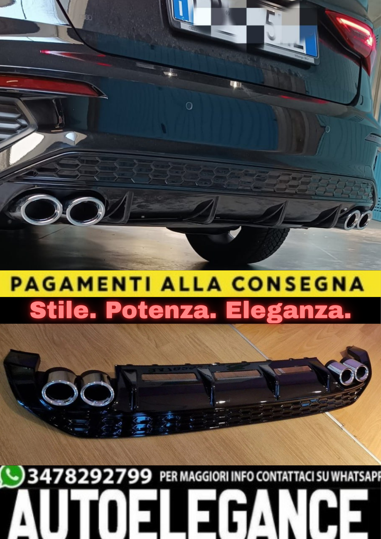 1085🔥DIFFUSORE POSTERIORE LOOK S3 PER AUDI A3 8Y SPORTBACK (2020+)NERO LUCIDO🔥