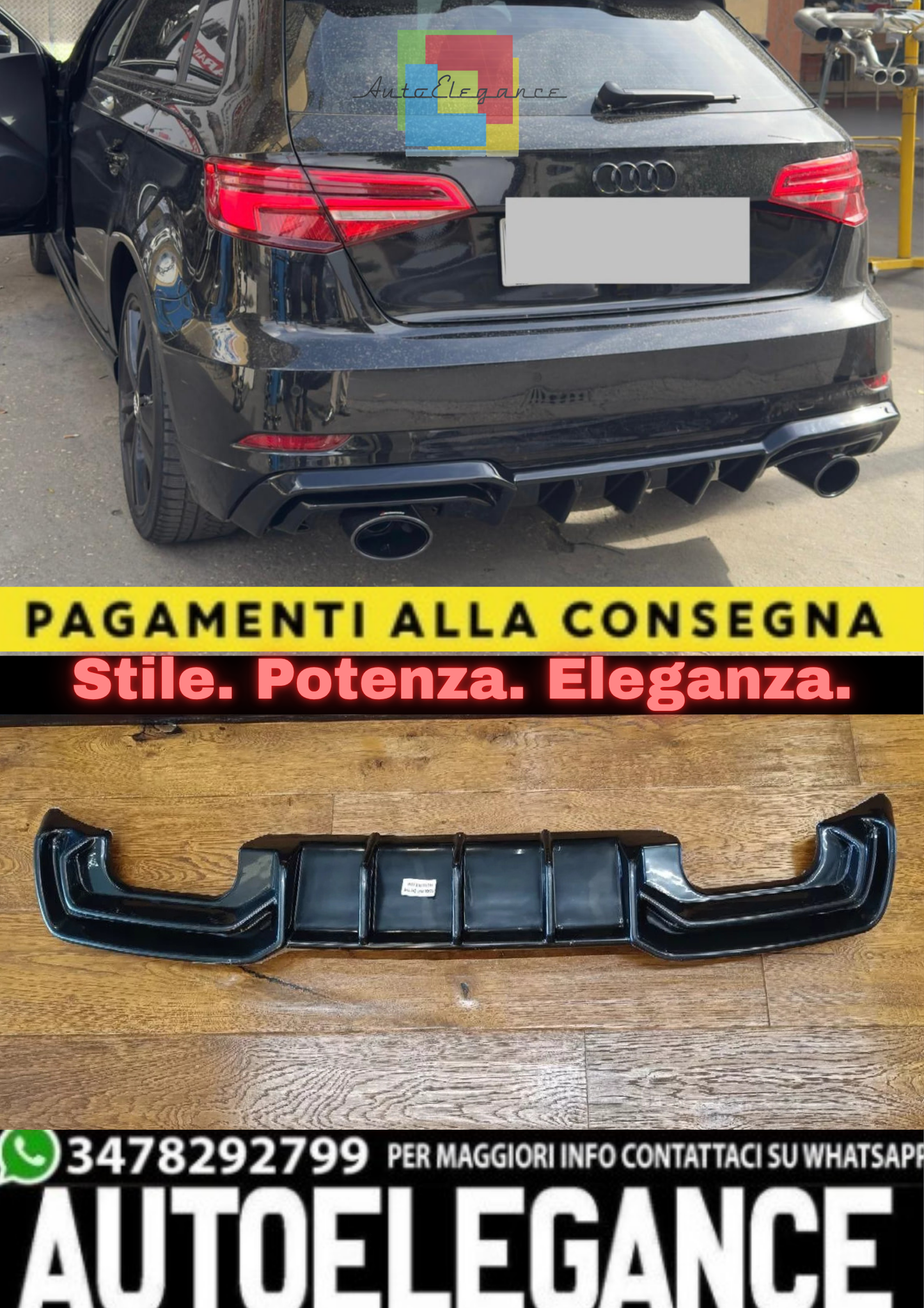 2129 🔥DIFFUSORE ADATTO PER AUDI A3 8V 2016-2020 S3 SLINE LIFT NERO LUCIDO 2+2🔥