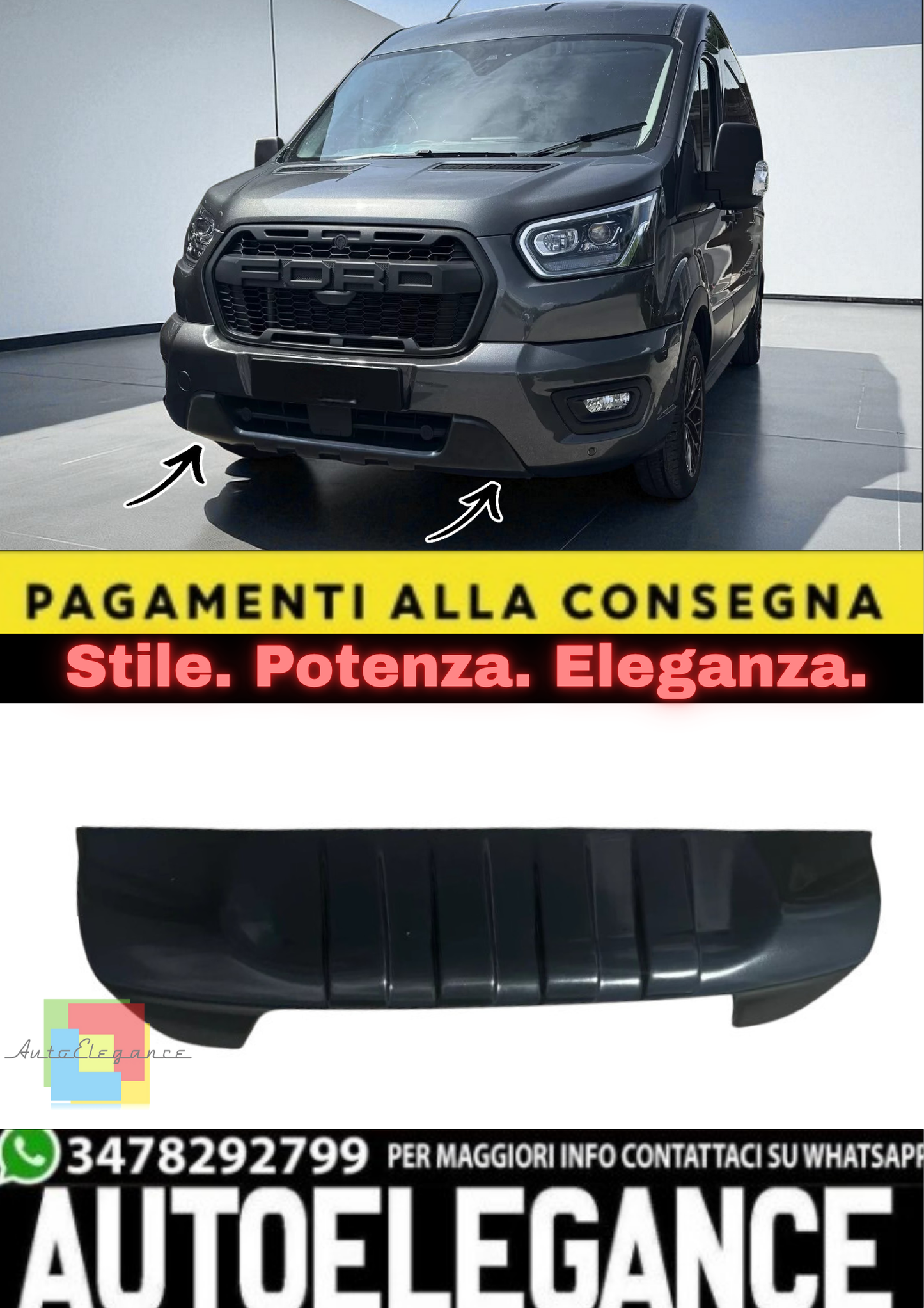 💫 Spoiler Anteriore / Labbro V2 in ABS Nero per Ford Transit MK8 (2014–2019) 💫