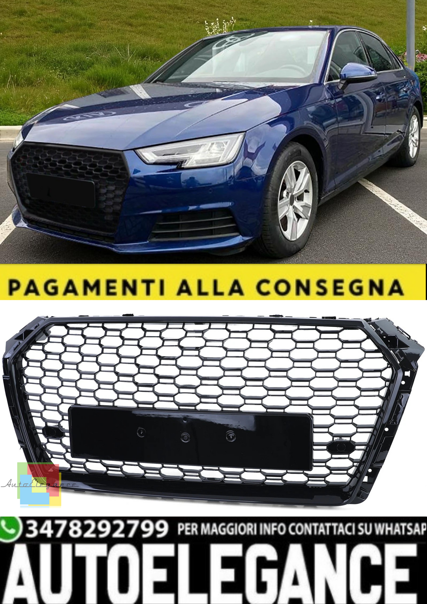 💫Griglia Sportiva a Nido d'Ape Nero Lucido Senza Emblema per Audi A4 B9 8W💫