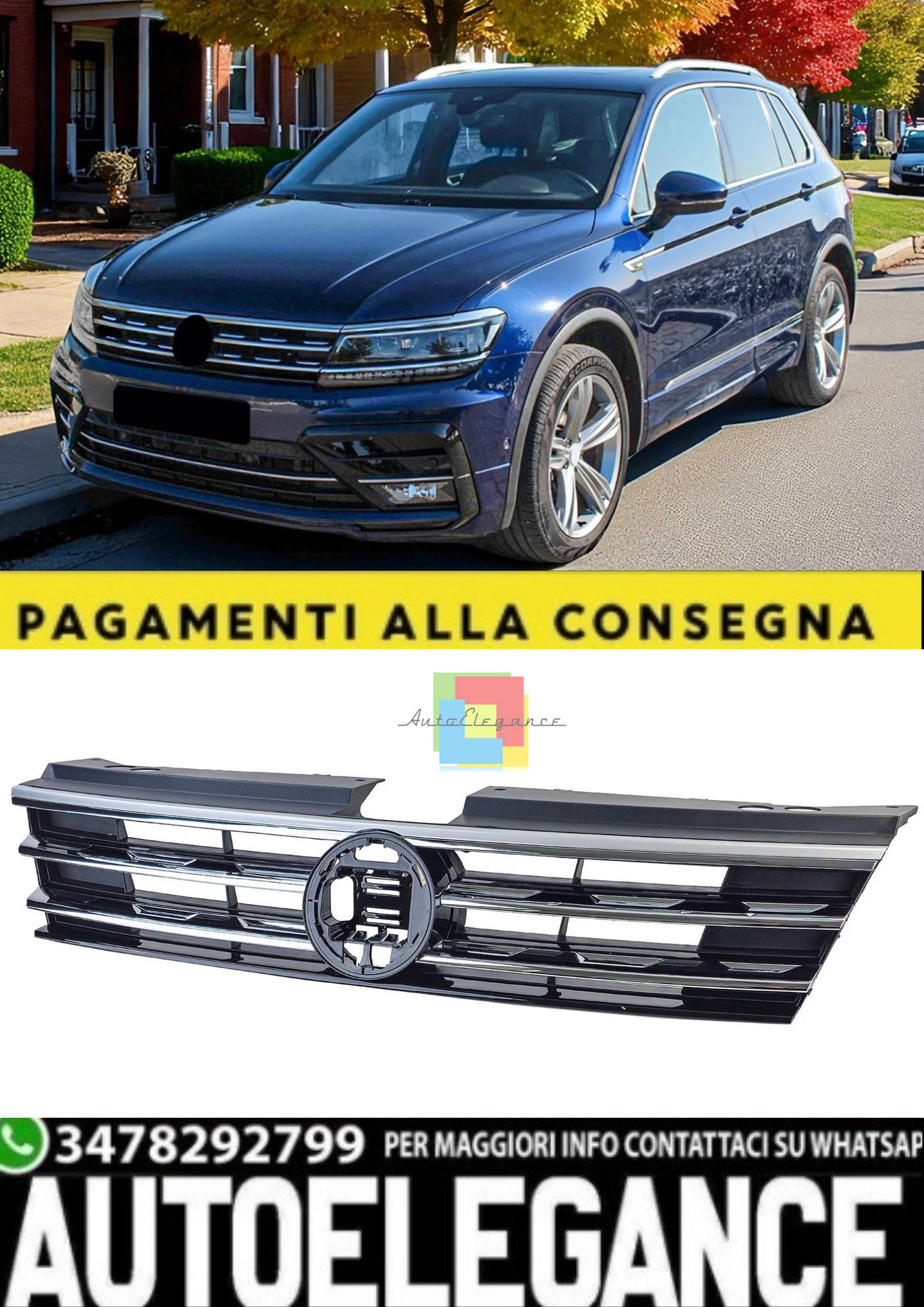 💫Griglia Anteriore Nera con Strisce Cromate per Volkswagen Tiguan II 💫