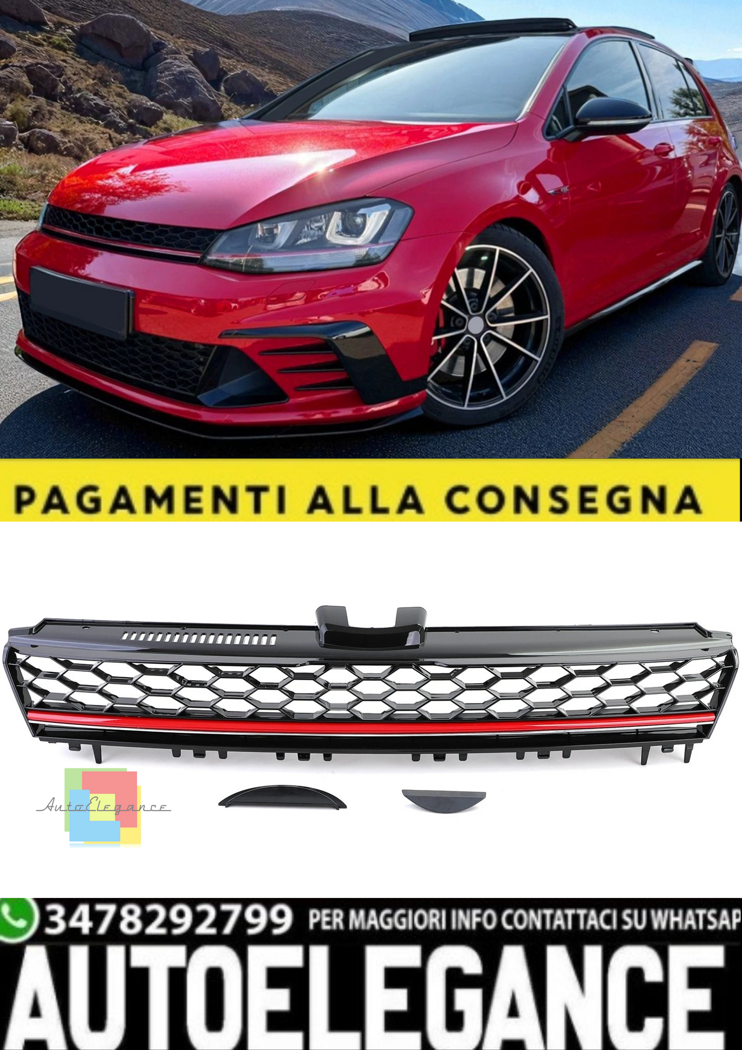 💫 Griglia Sportiva a Nido d’Ape Senza Emblema Nero Lucido per VW Golf 7 💫