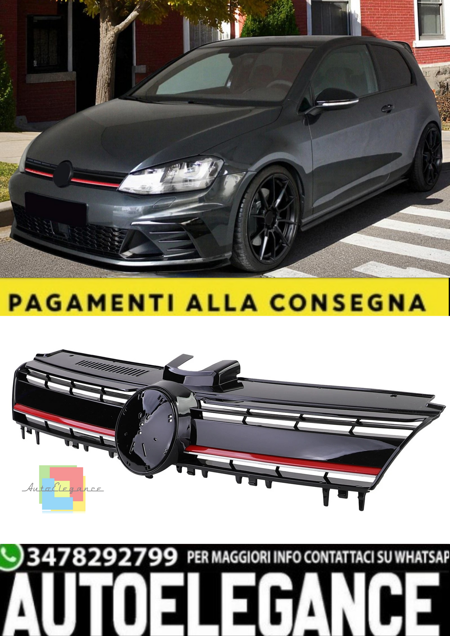 💫Griglia Performance Nero Lucido con Striscia Rossa per VW Golf 7 GTI 💫