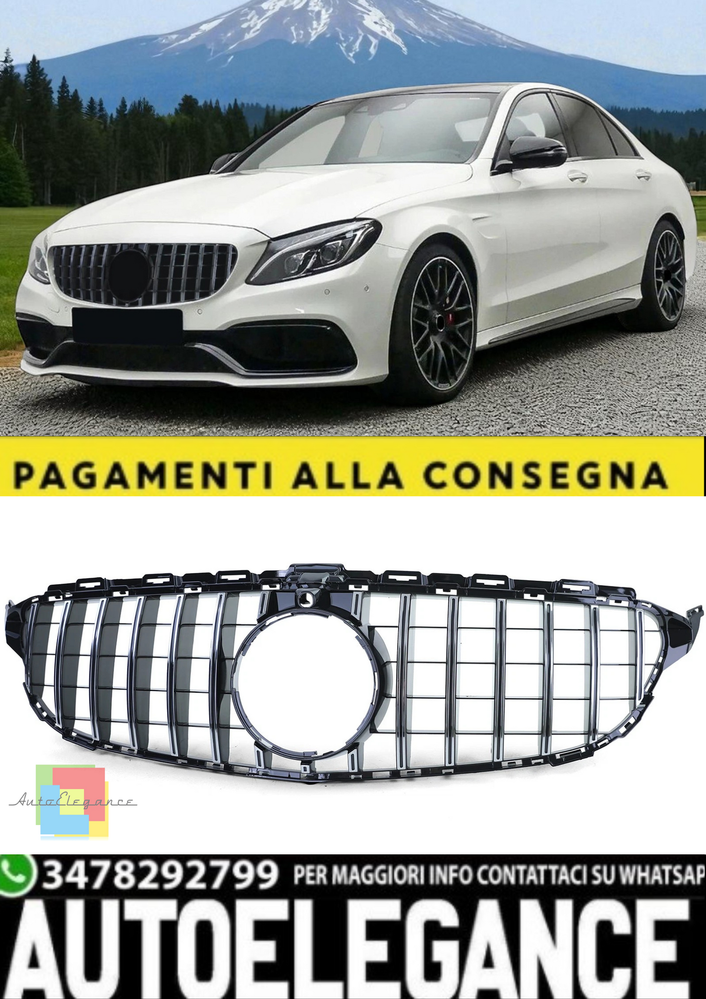 💫Griglia Sport Cromo Nero Lucido per Mercedes Classe C W205  (2014–2018)💫