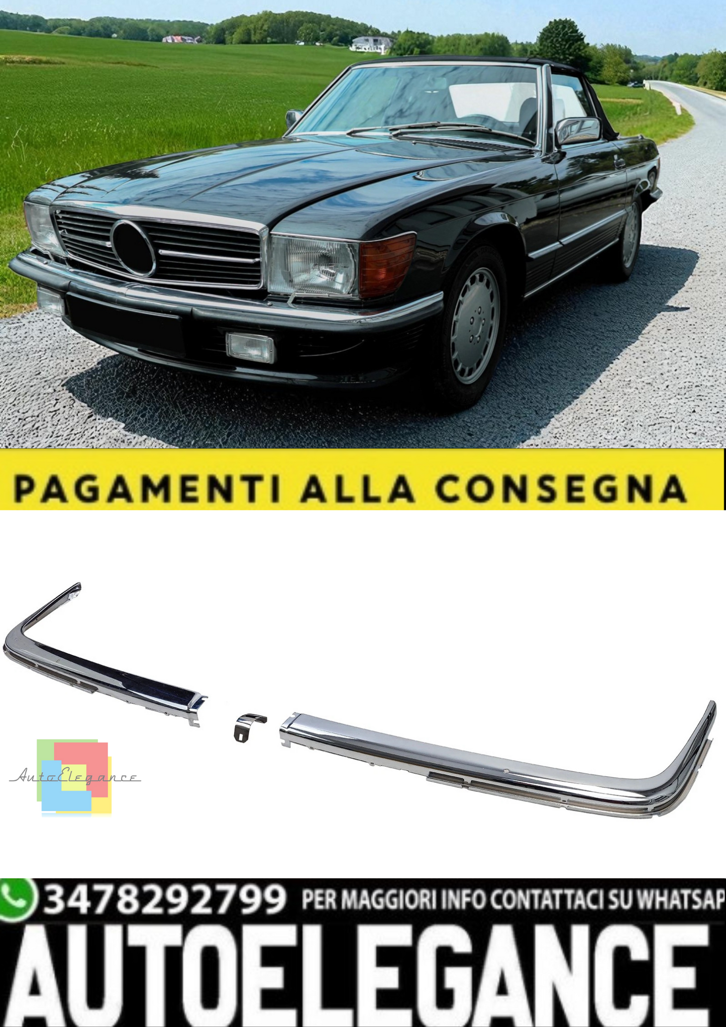 💫Finiture Cromate Paraurti Anteriore UE per Mercedes SL R107 (1971–1989)💫