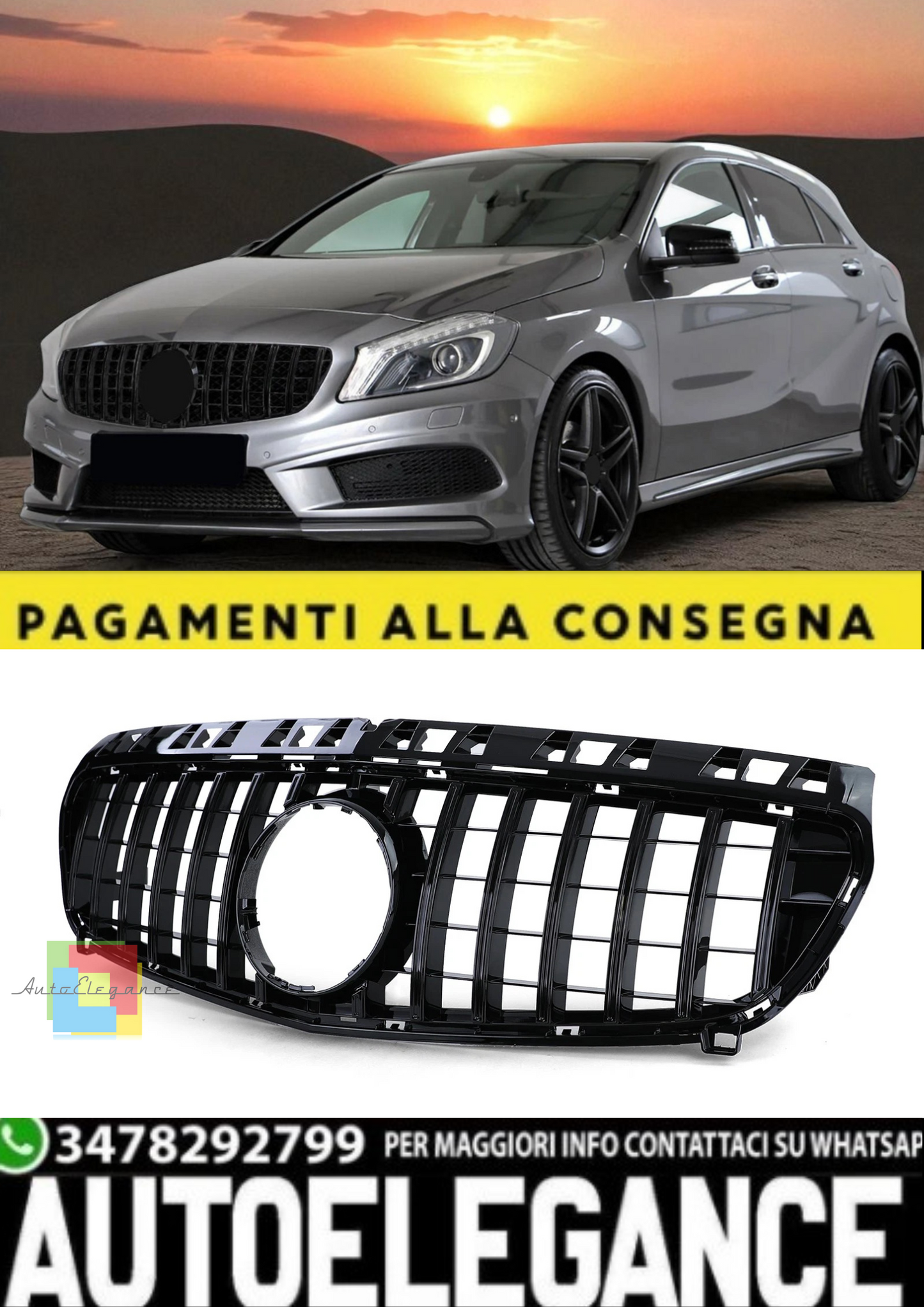 💫 Griglia Sportiva Nera Lucida per Mercedes Classe A W176 (2012–2015)💫
