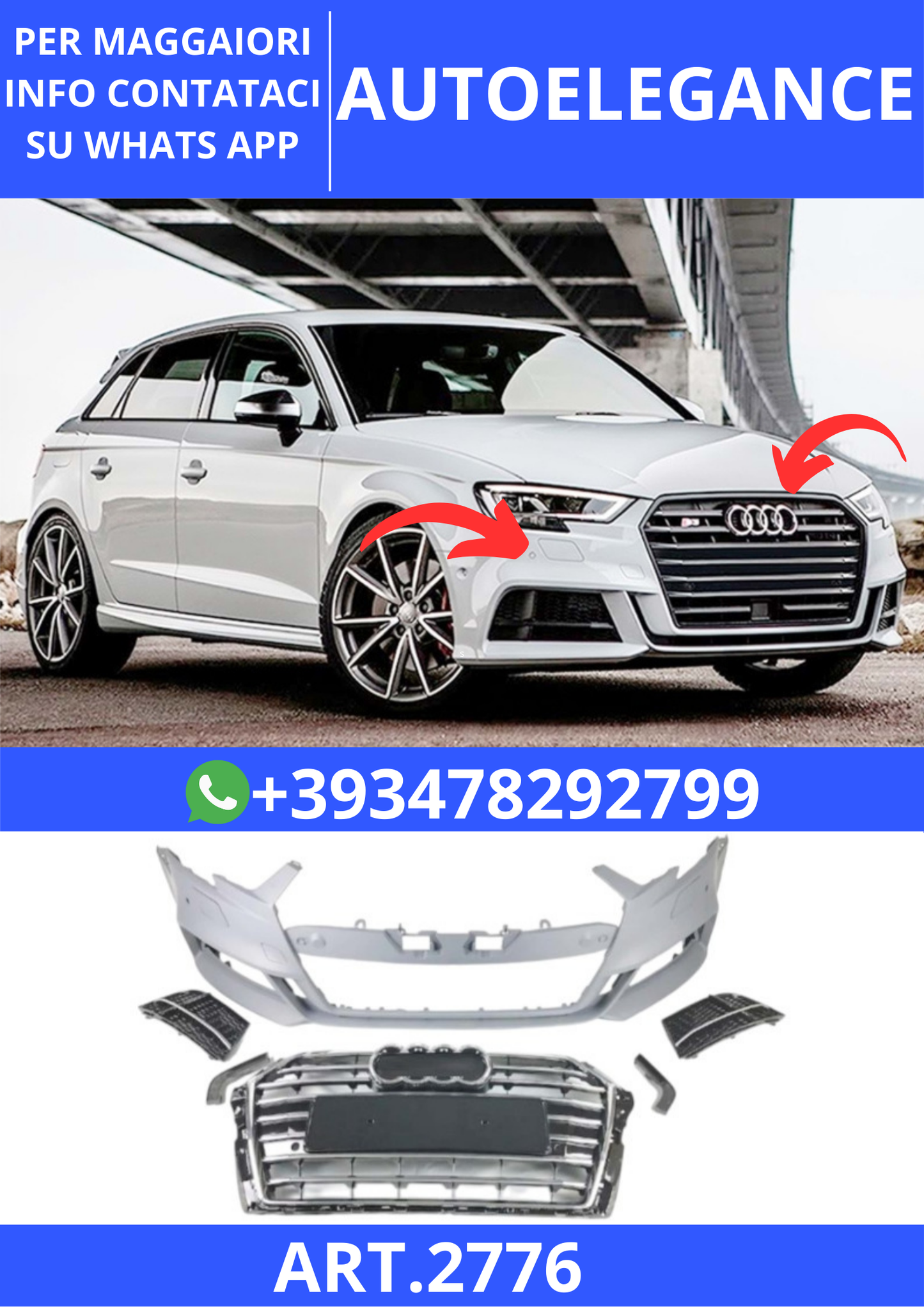 💫ART.2776 Paraurti Anteriore S3 Style Audi A3 8V FL HB 2017+💫