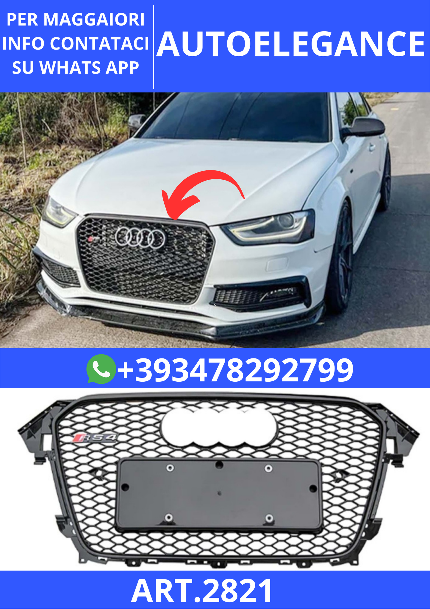 💫ART.2821 Griglia Anteriore RS4 Style Audi A4 B8 FL 2012+💫
