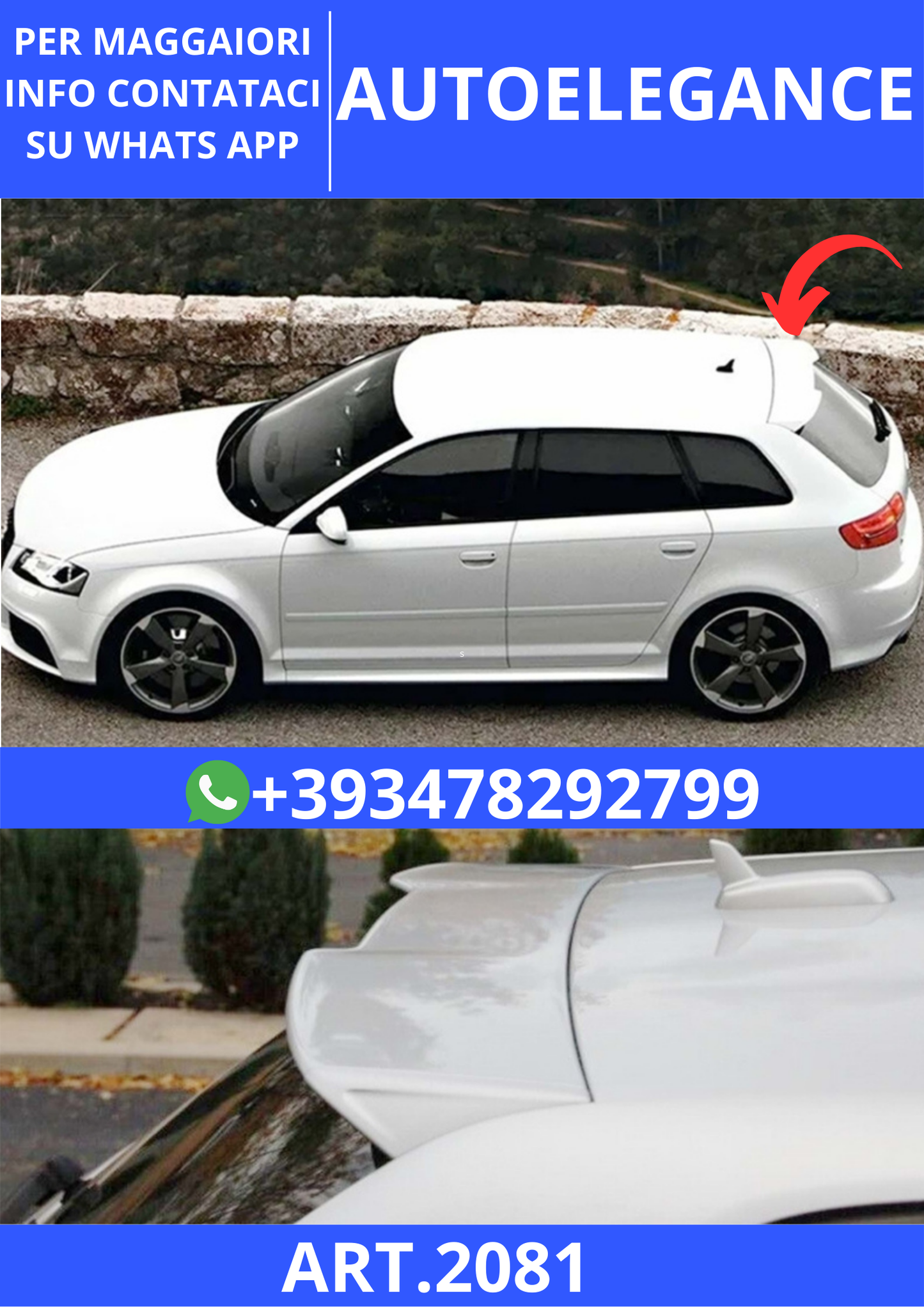 💫ART.2081 SPOILER A3 8P 2004-2012 5D SPORTBACK LOOK RS3 NERO LUCIDO💫