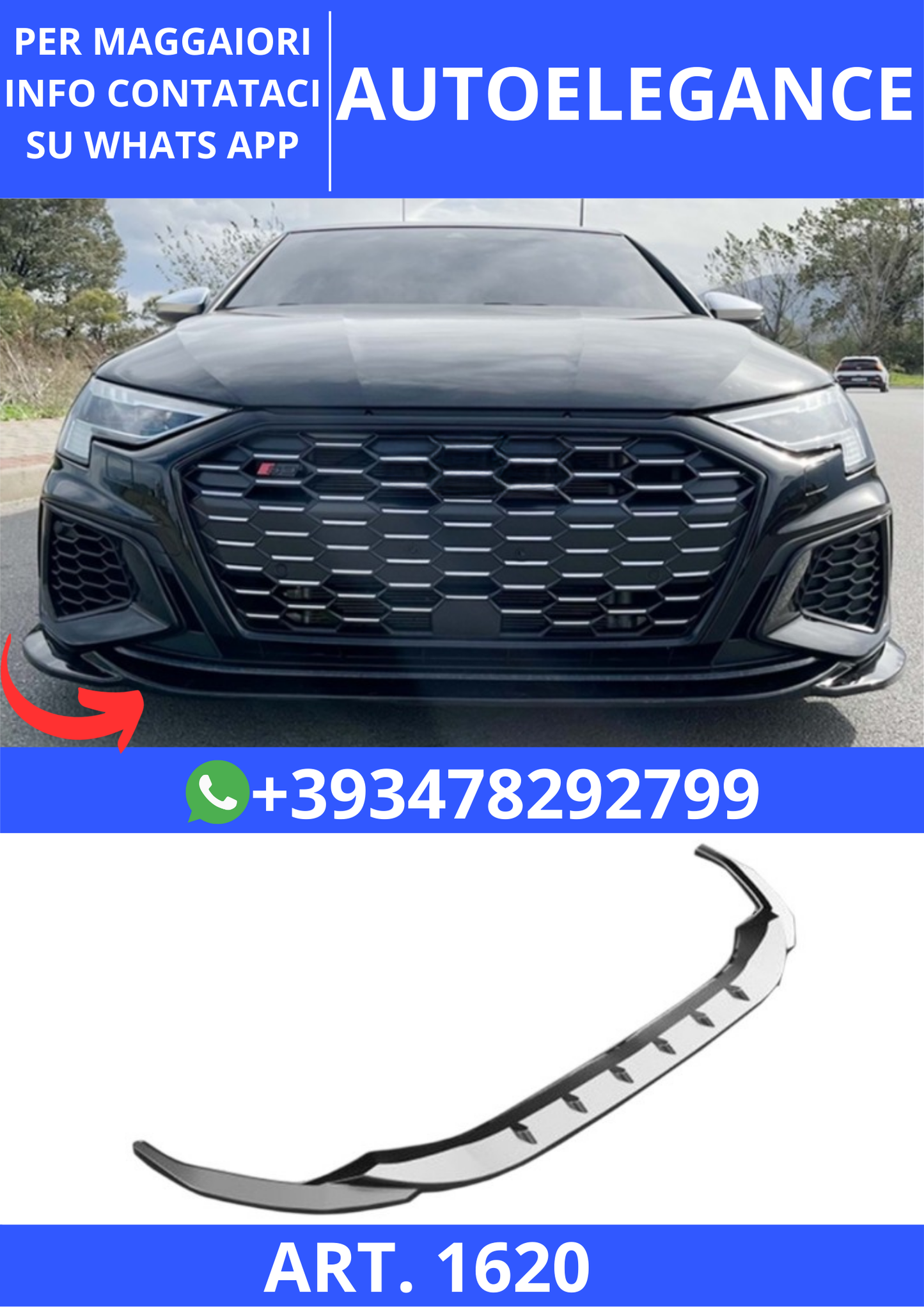 💫ART. 1620 SPLITTER A3 8Y 2020+ SLINE S3 LOOK MAXTON V.4 NERO LUCIDO💫