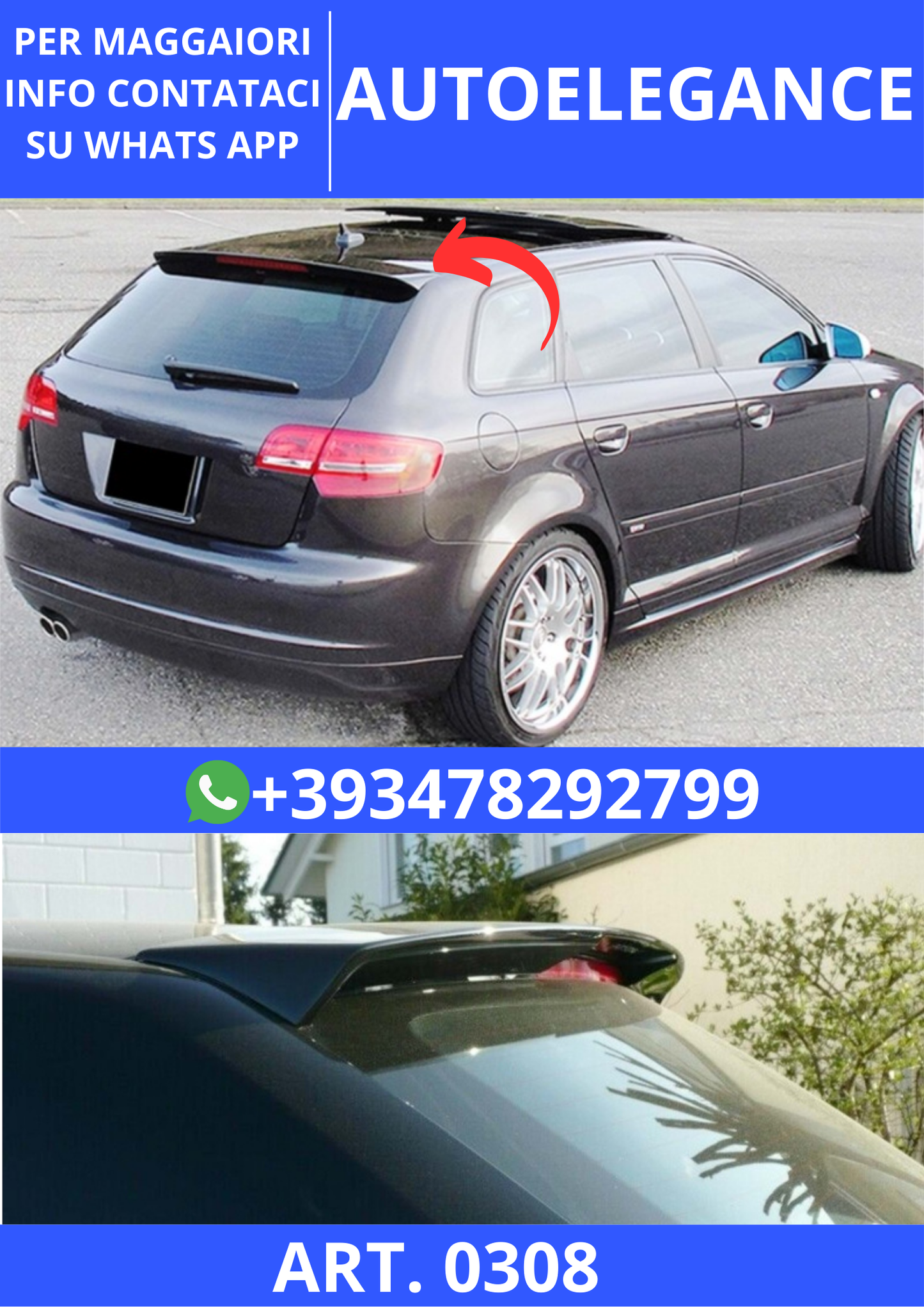 💫ART. 0308 SPOILER A3 8P 2003-2012 5 PORTE S3 NERO LUCIDO💫