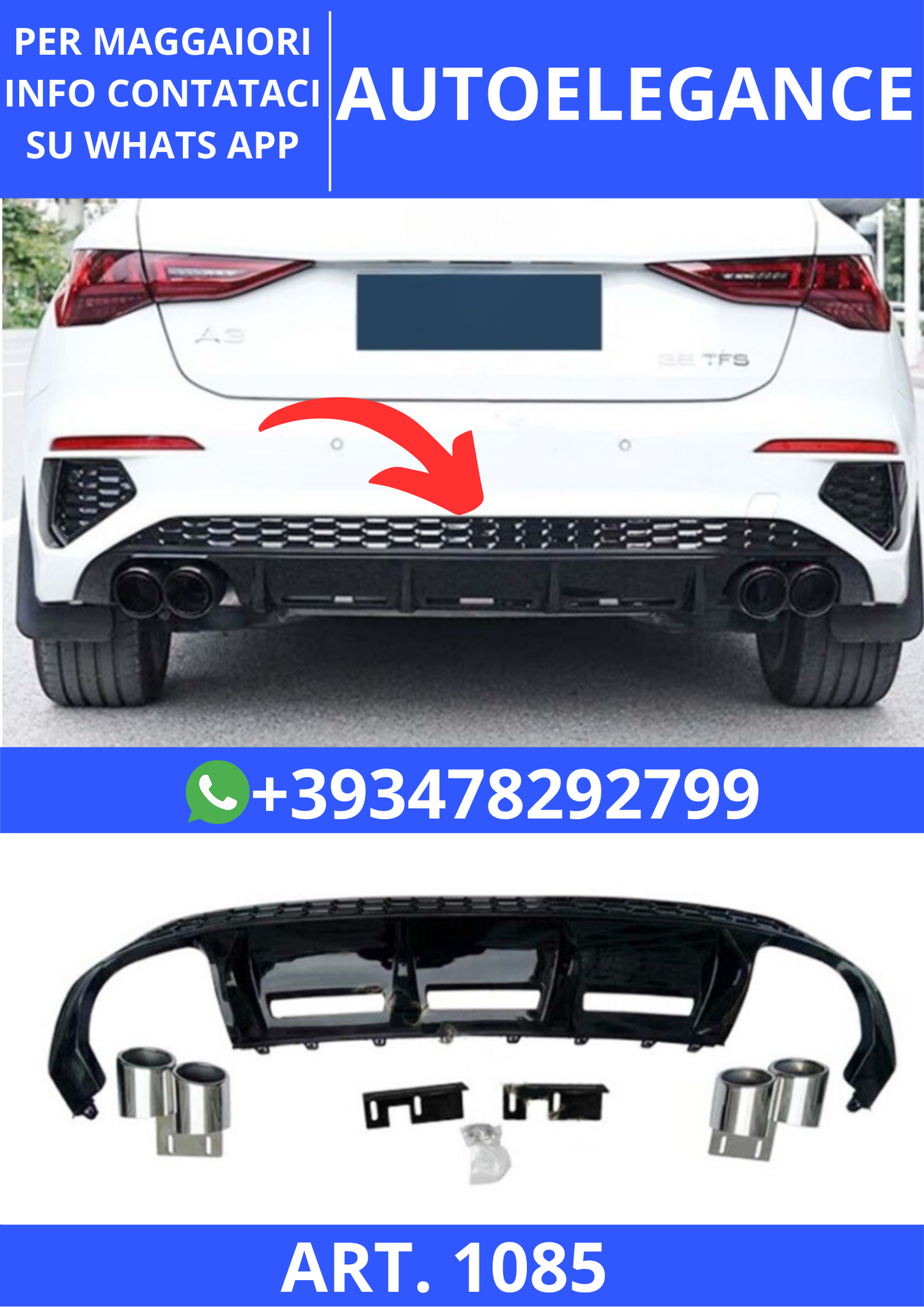 💫ART. 1085 DIFFUSORE AUDI  A3 8Y 2020-2024 SPORTBACK BERLINA LOOK S3💫