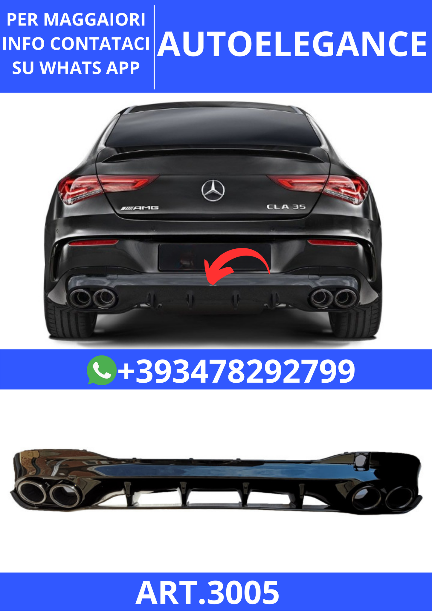💫ART.3005 Diffusore Mercedes CLA C118 X118 W118 AMG Line Doppi Tubi di Scarico Neri💫