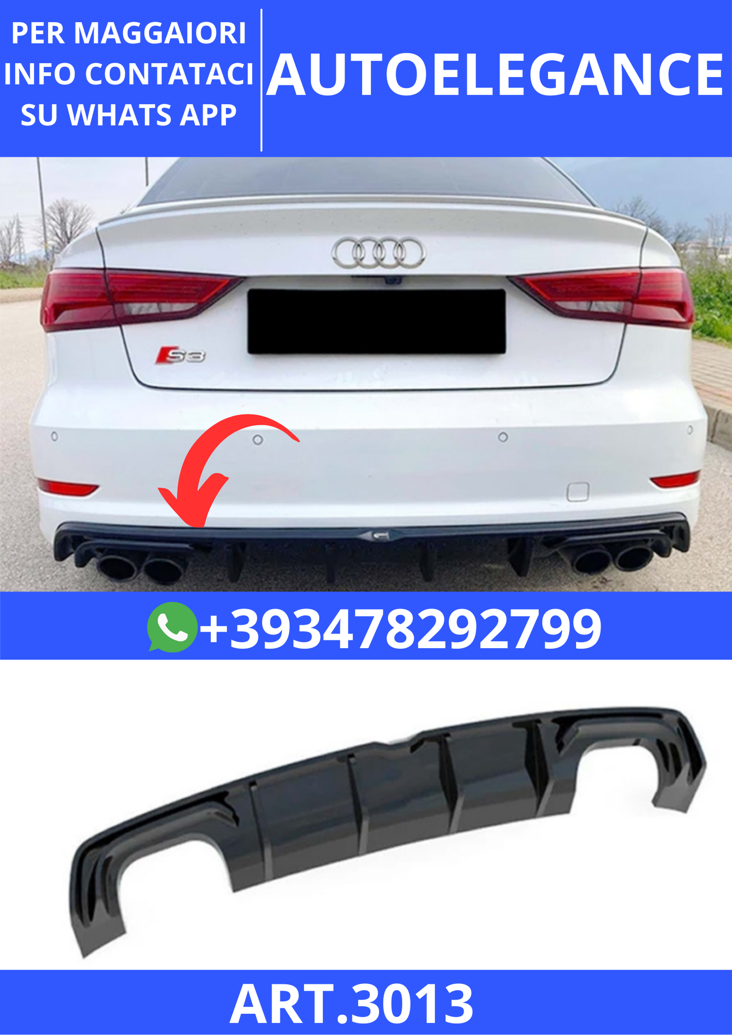 💫ART.3013 Diffusore A Plus S3 V1 Style Audi A3 S3 8V SD 2012+💫