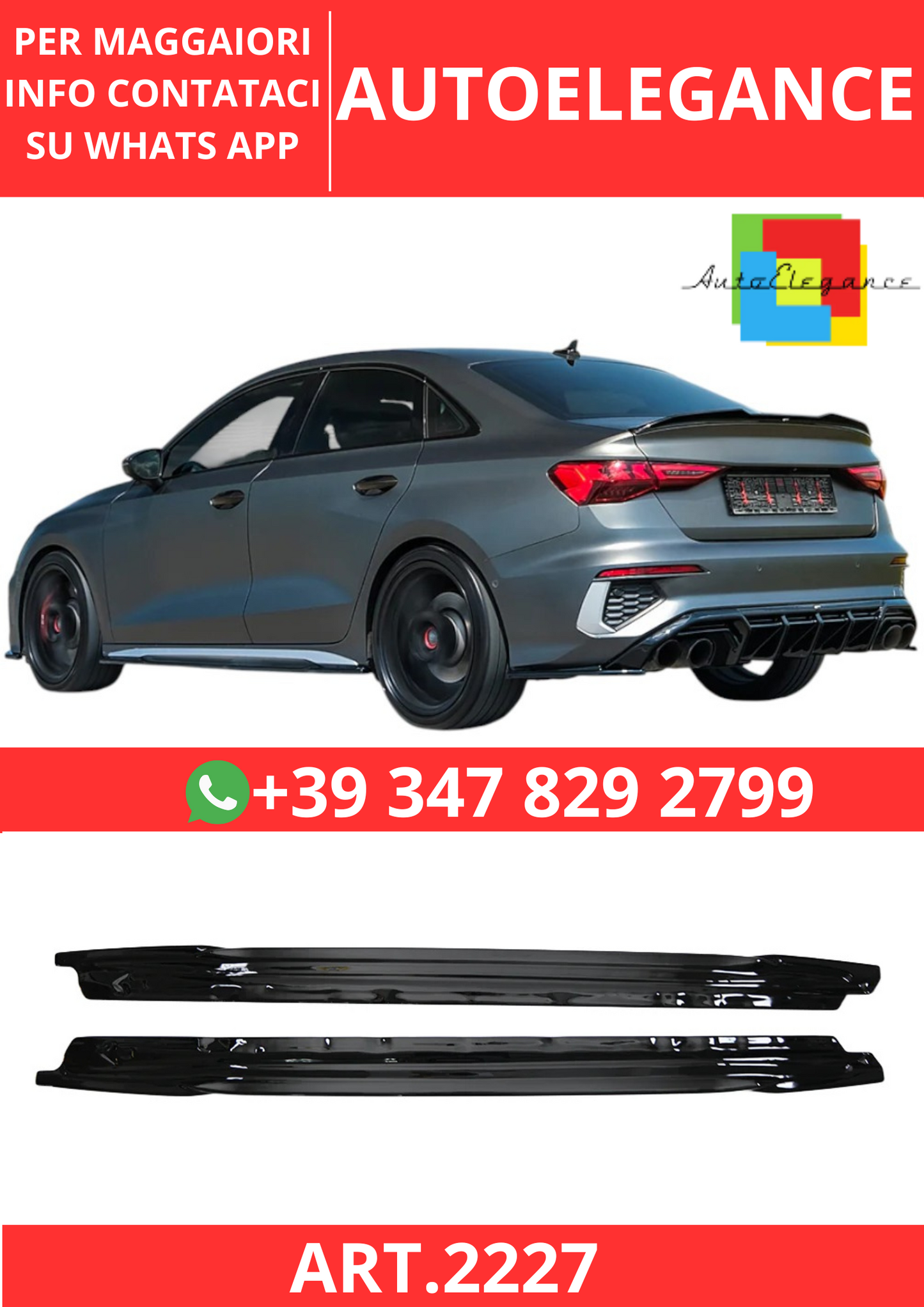 💫ART.2227 SOTTO MINIGONNE A3 8Y S3 2020-2024 (Sedan/Sportback) NERO LUCIDO💫